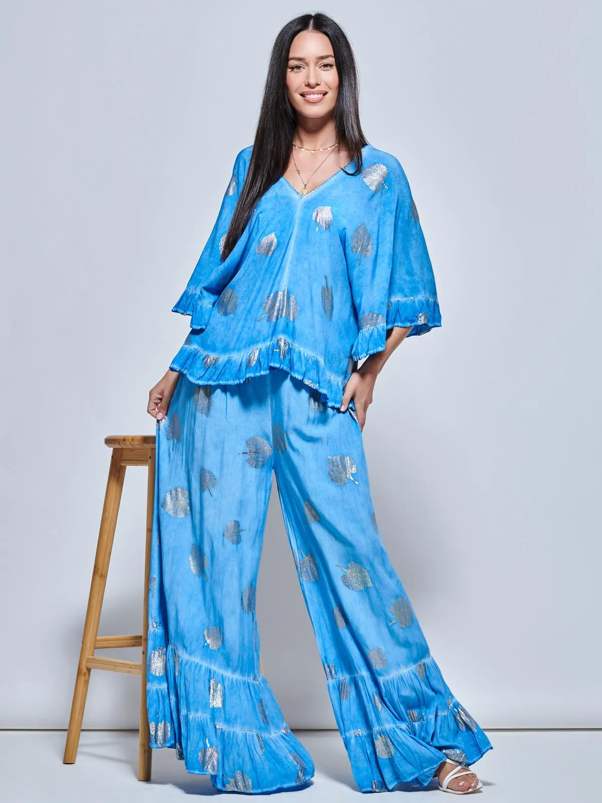 Abstract Print Palazzo Style Holiday Pants, Blue Abstract