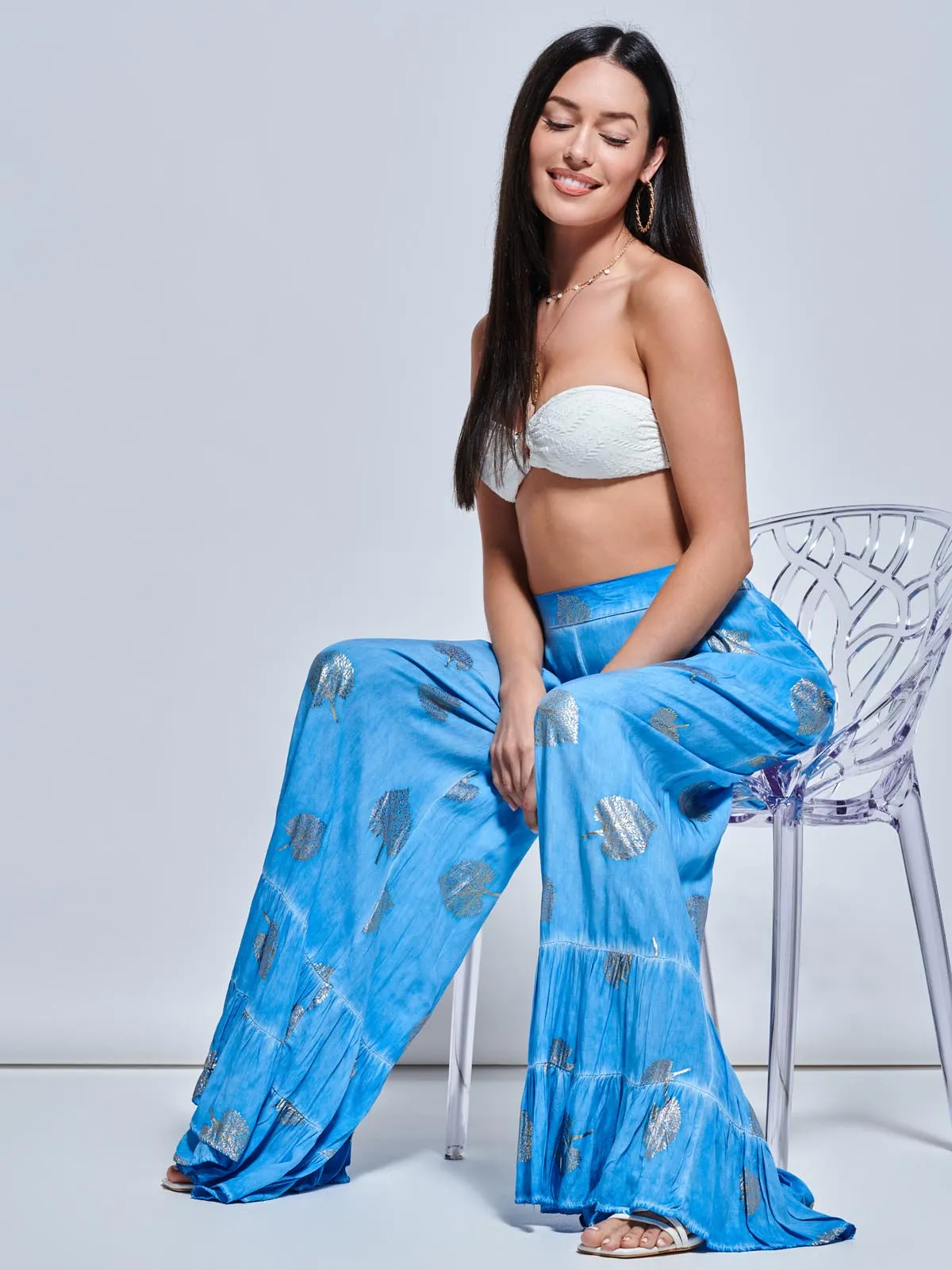 Abstract Print Palazzo Style Holiday Pants, Blue Abstract