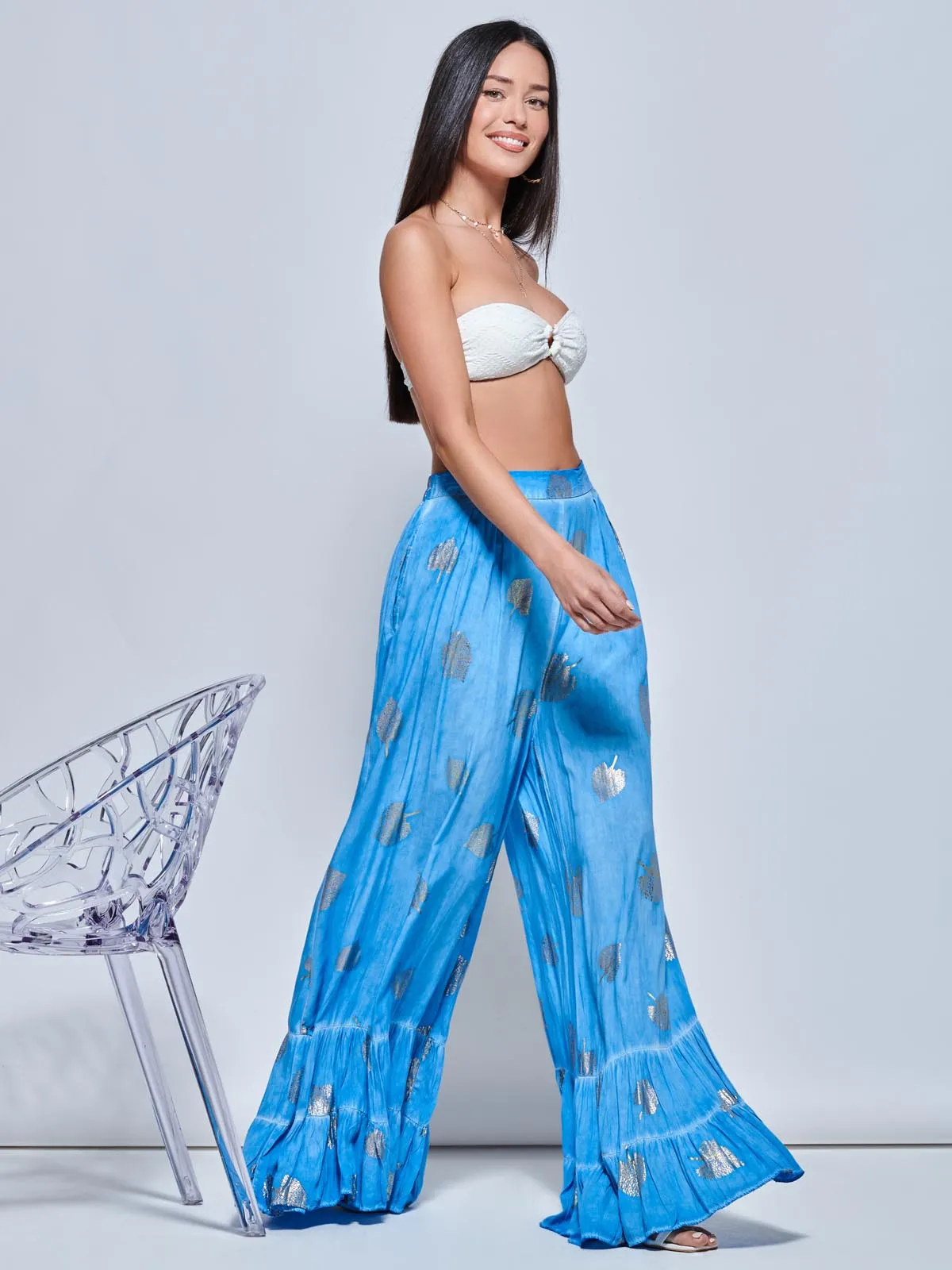 Abstract Print Palazzo Style Holiday Pants, Blue Abstract