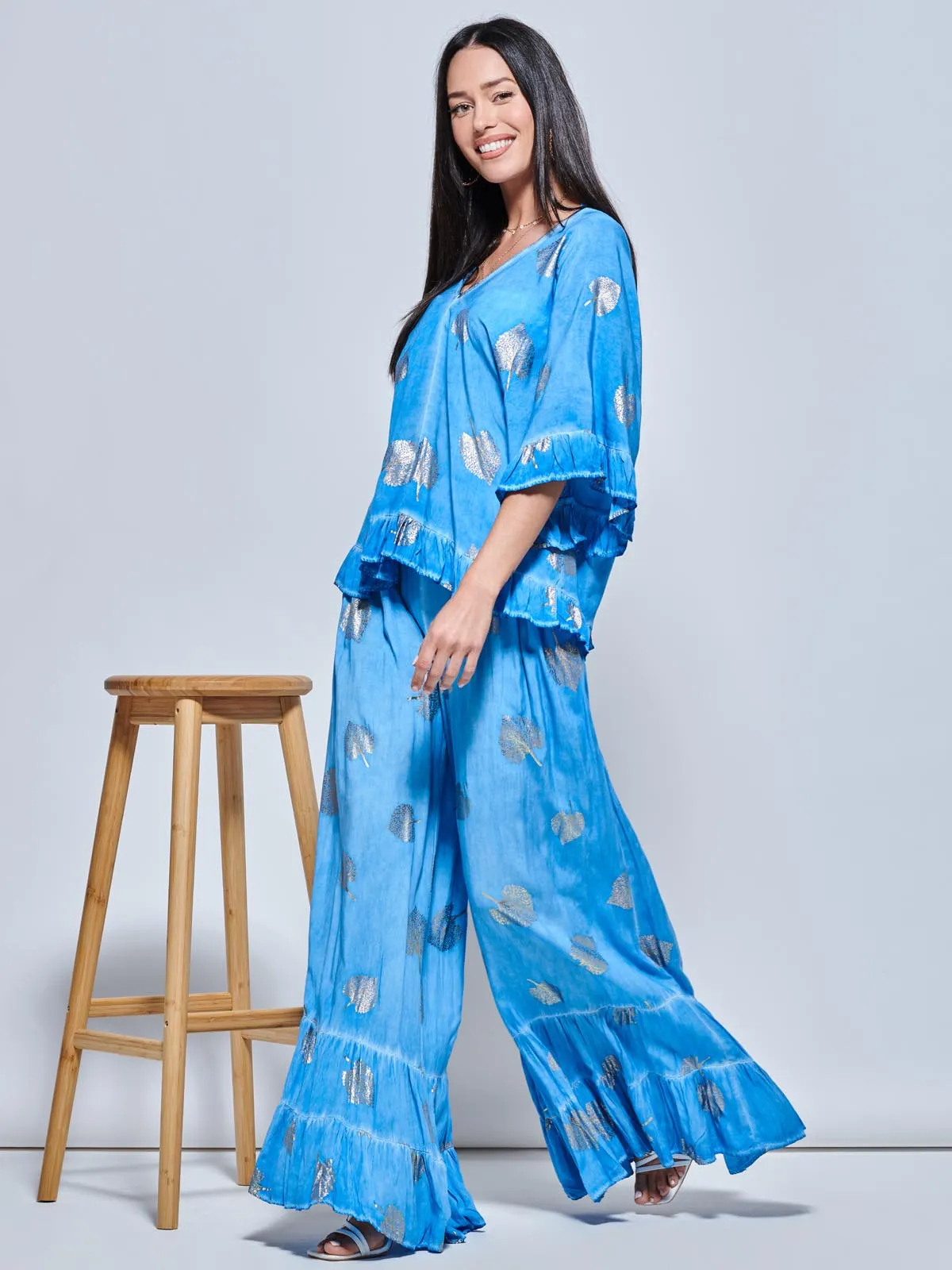 Abstract Print Palazzo Style Holiday Pants, Blue Abstract