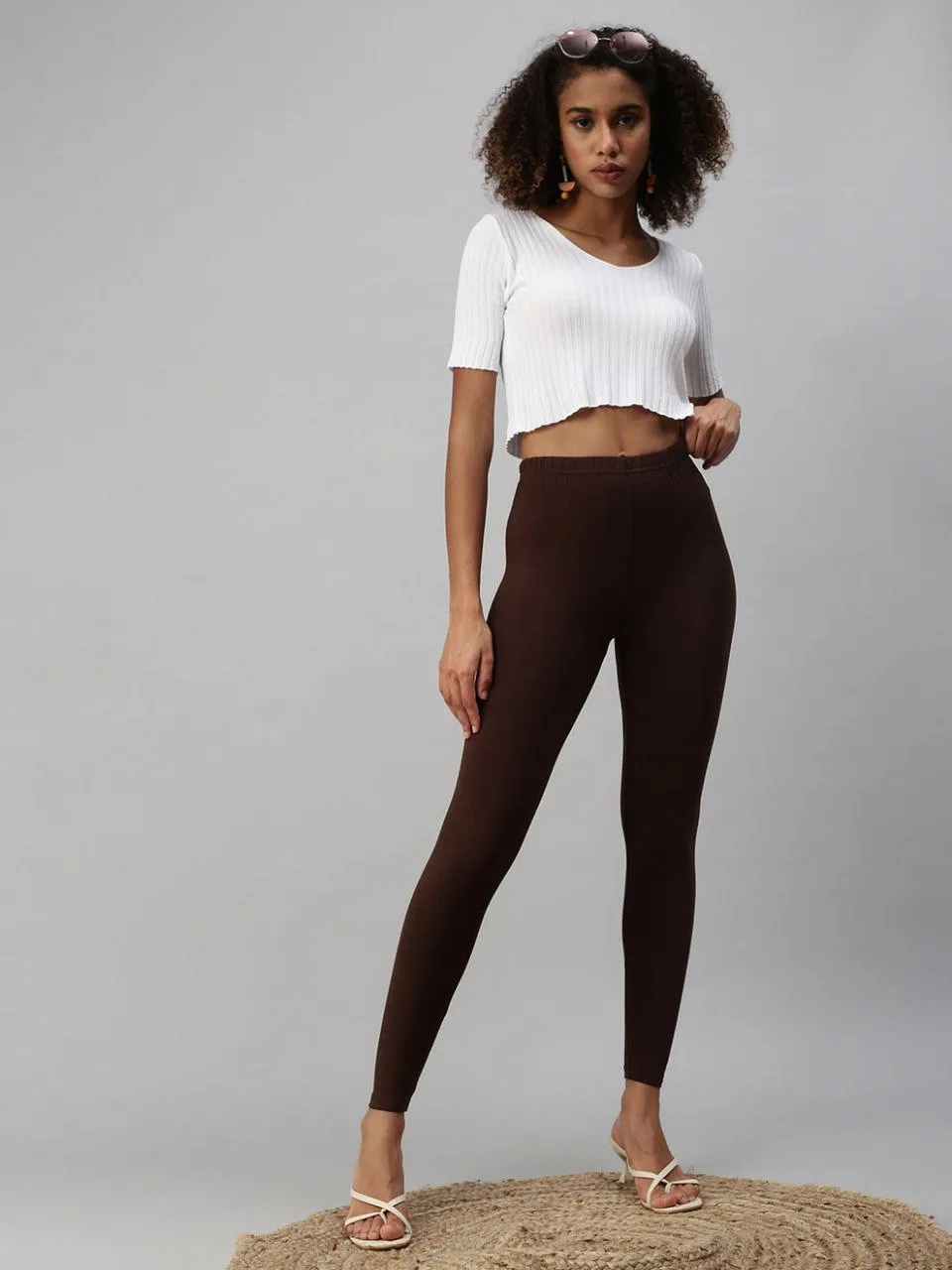 Attractive Brown Color Cotton Ankle Length Leggings For Women