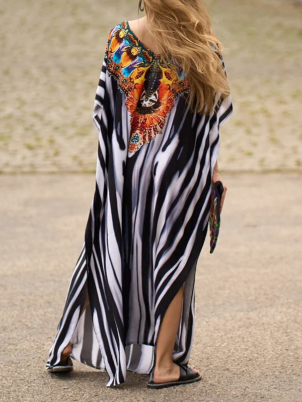 Batwing Sleeves Loose Printed Split-Side Striped V-Neck Beach Cover-Up Maxi Dresses