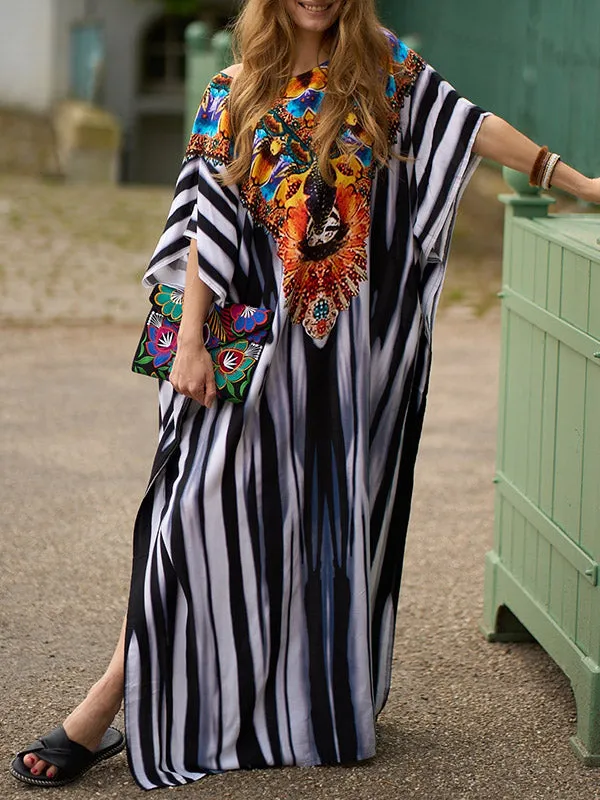 Batwing Sleeves Loose Printed Split-Side Striped V-Neck Beach Cover-Up Maxi Dresses