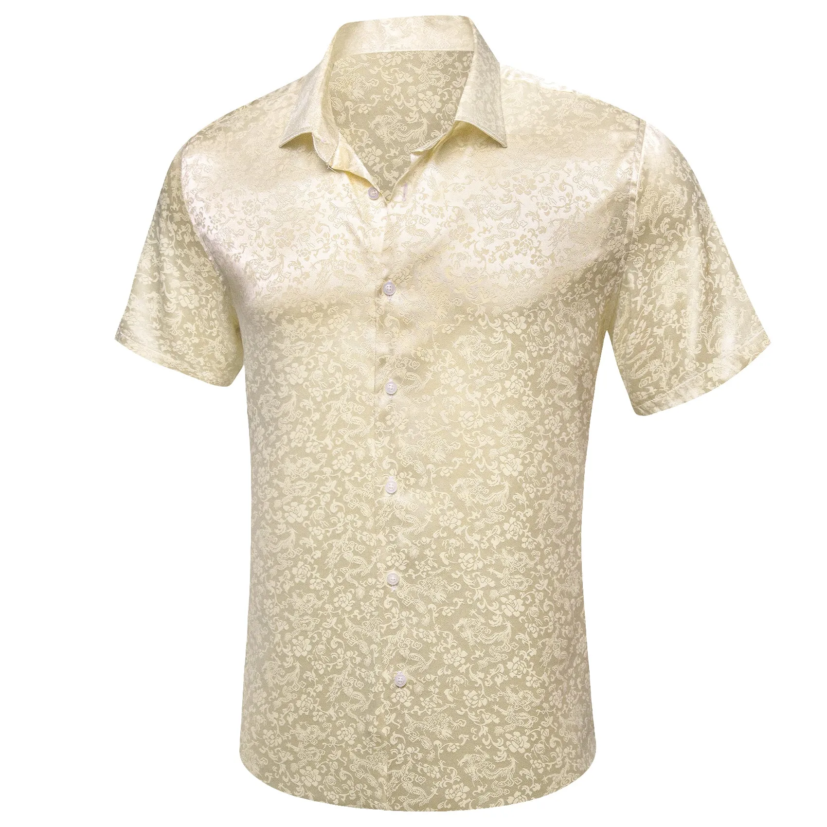 Beige Floral Silk Men's Short Sleeve Shirt