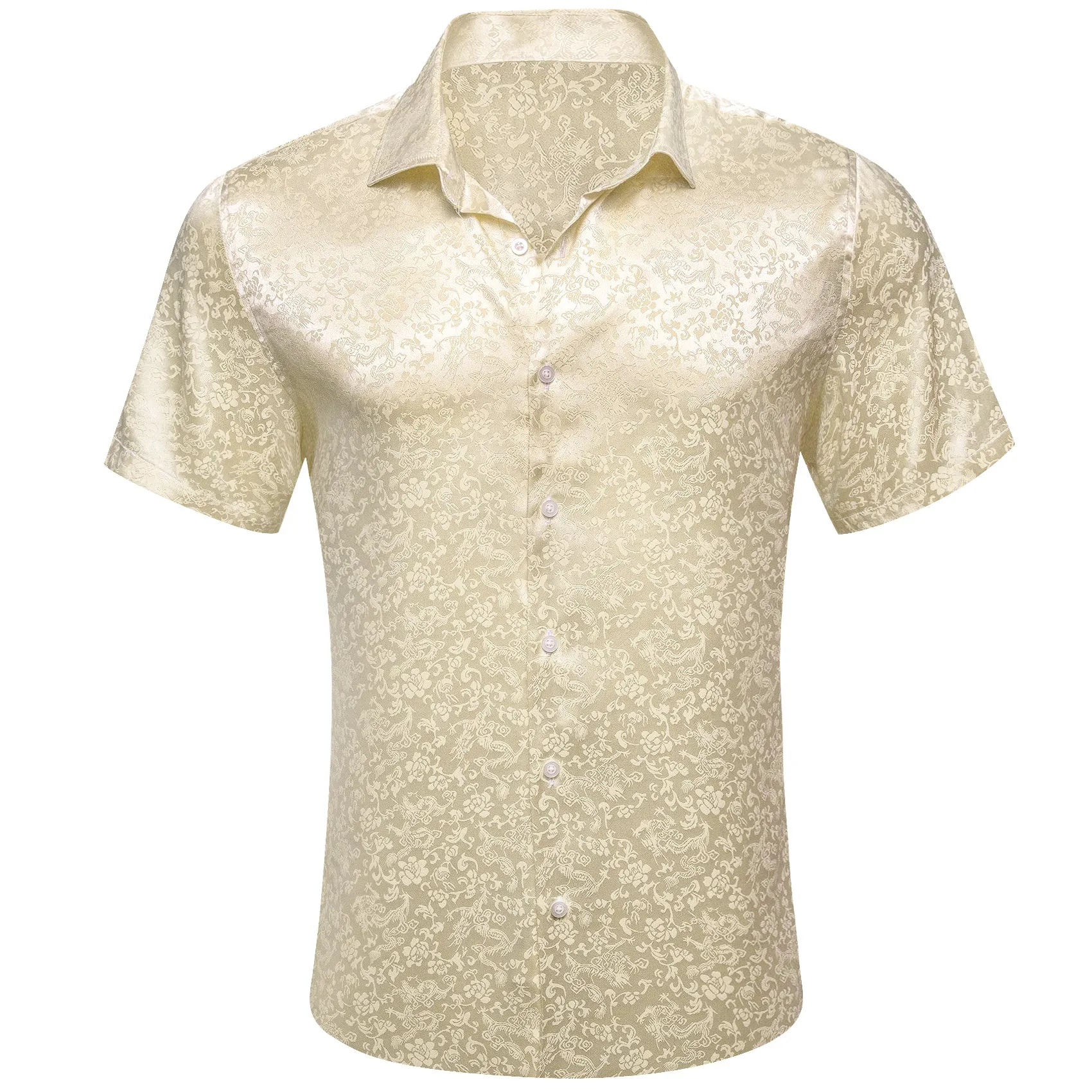 Beige Floral Silk Men's Short Sleeve Shirt