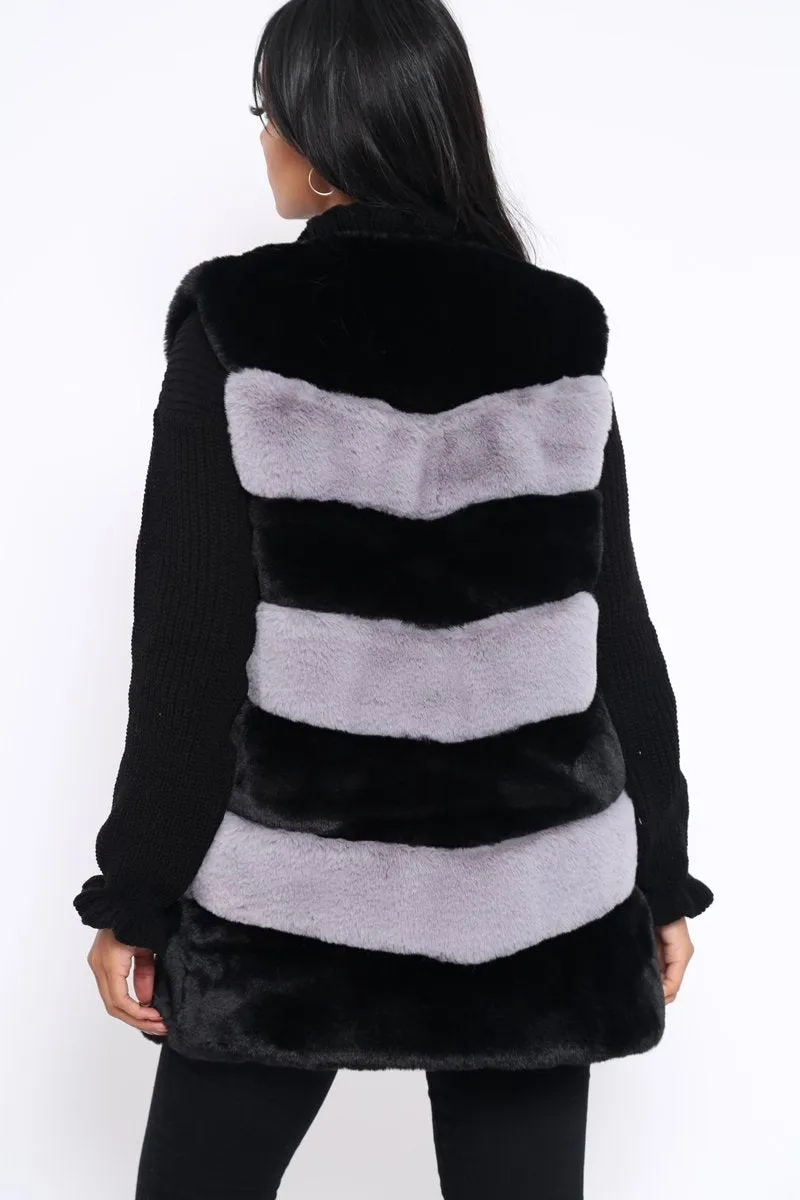 Black and Grey Faux Fur Striped Gilet - Ida