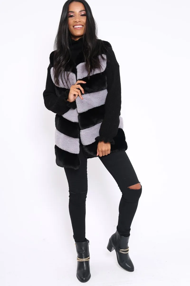 Black and Grey Faux Fur Striped Gilet - Ida