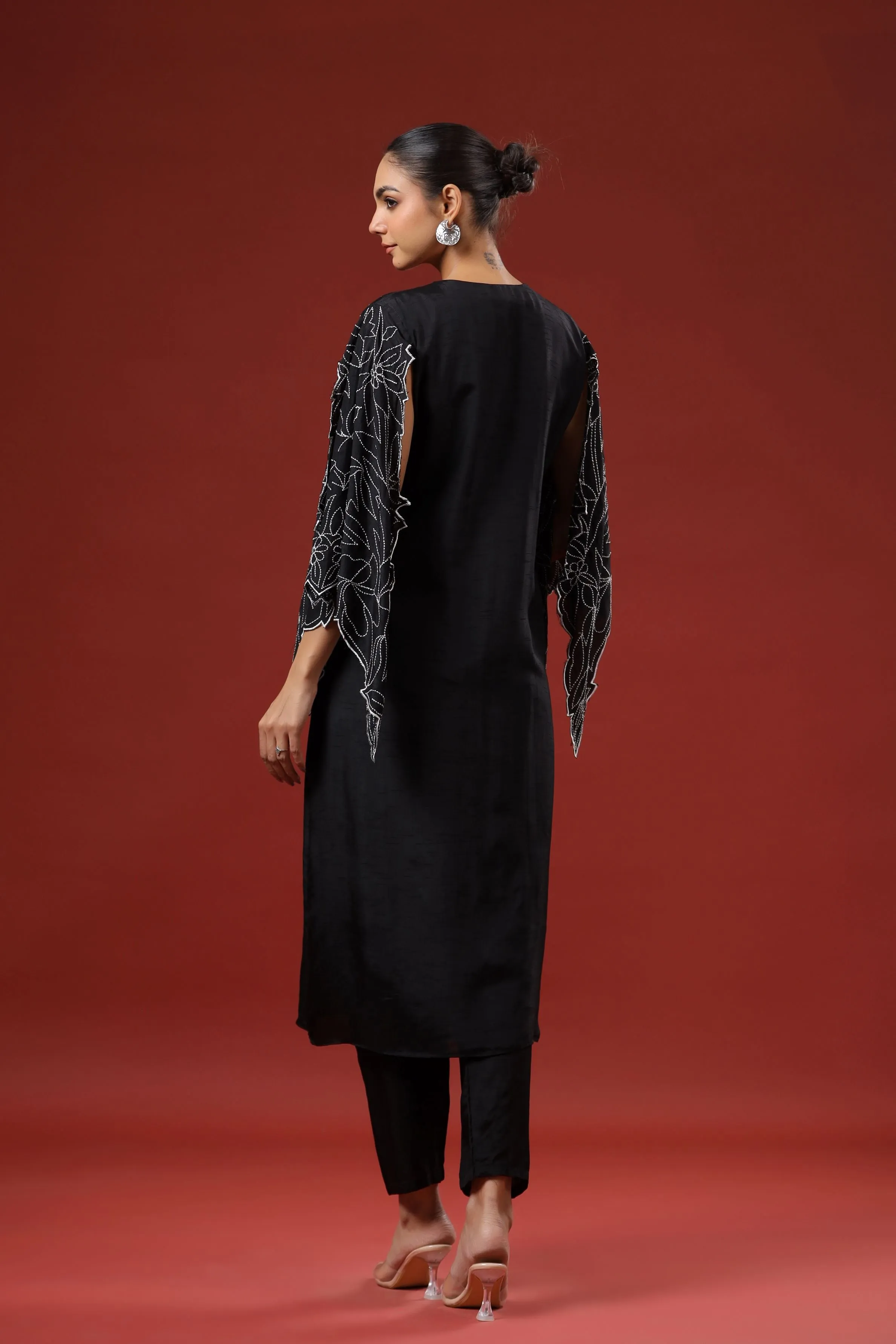 Black Embroidered Raw Silk Kurta Set