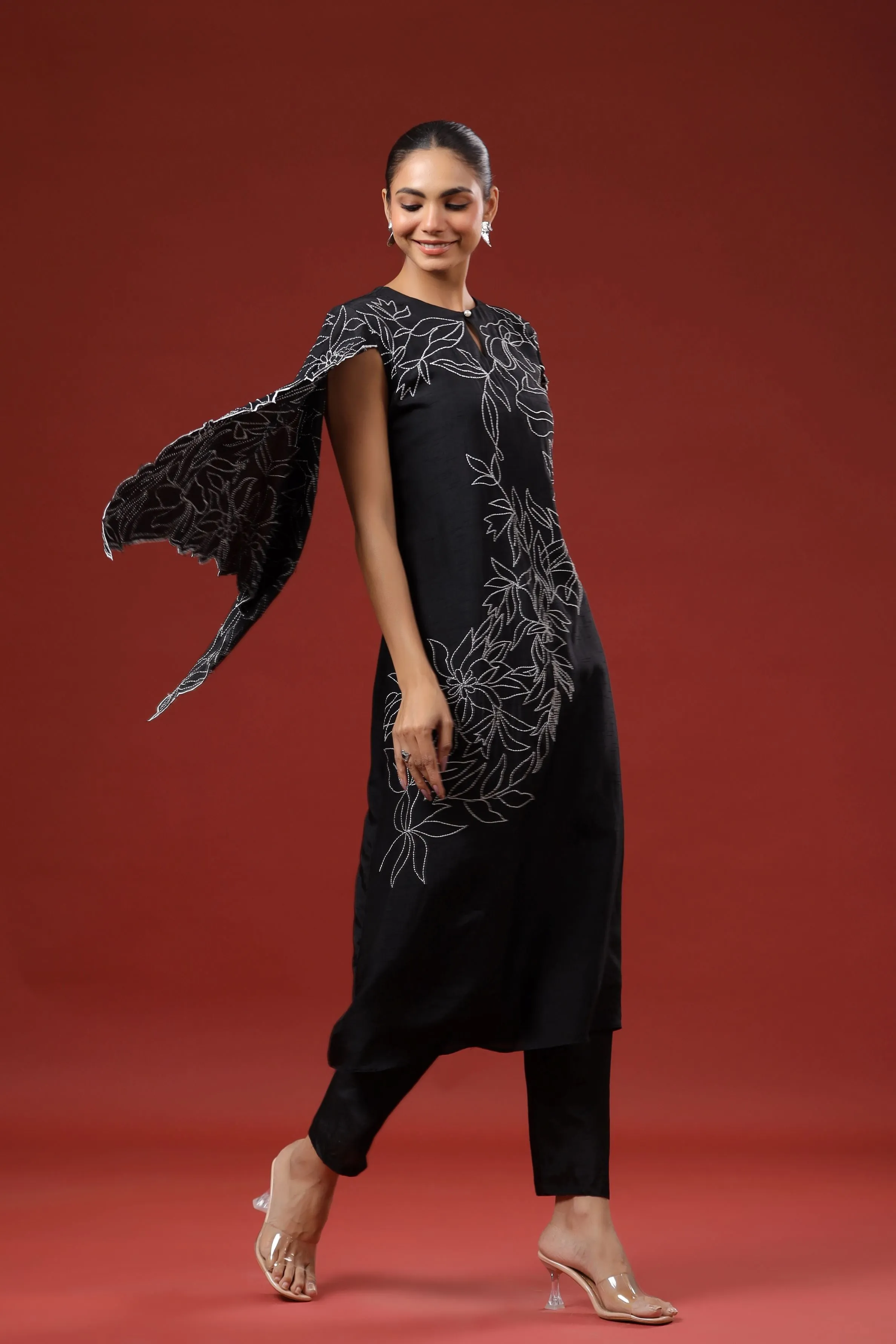 Black Embroidered Raw Silk Kurta Set