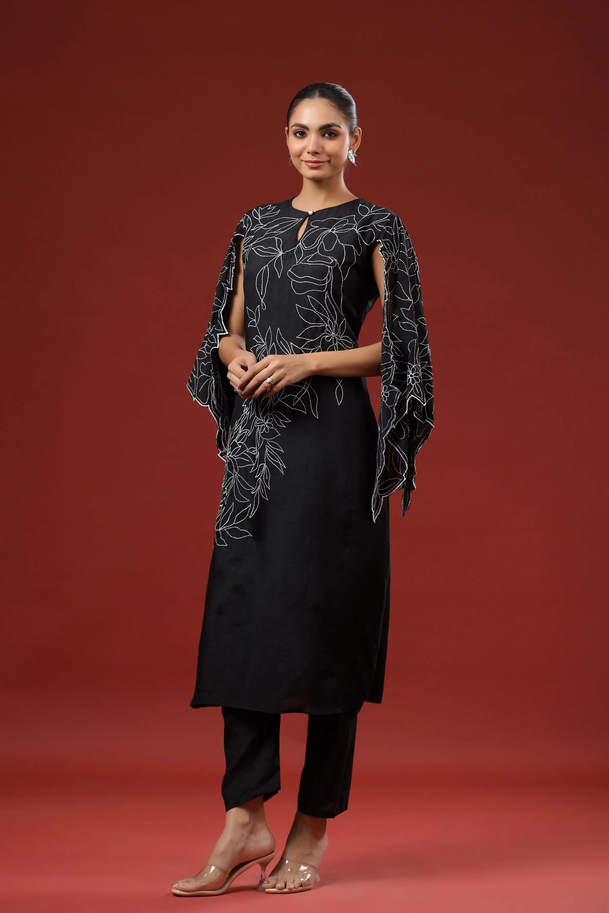 Black Embroidered Raw Silk Kurta Set