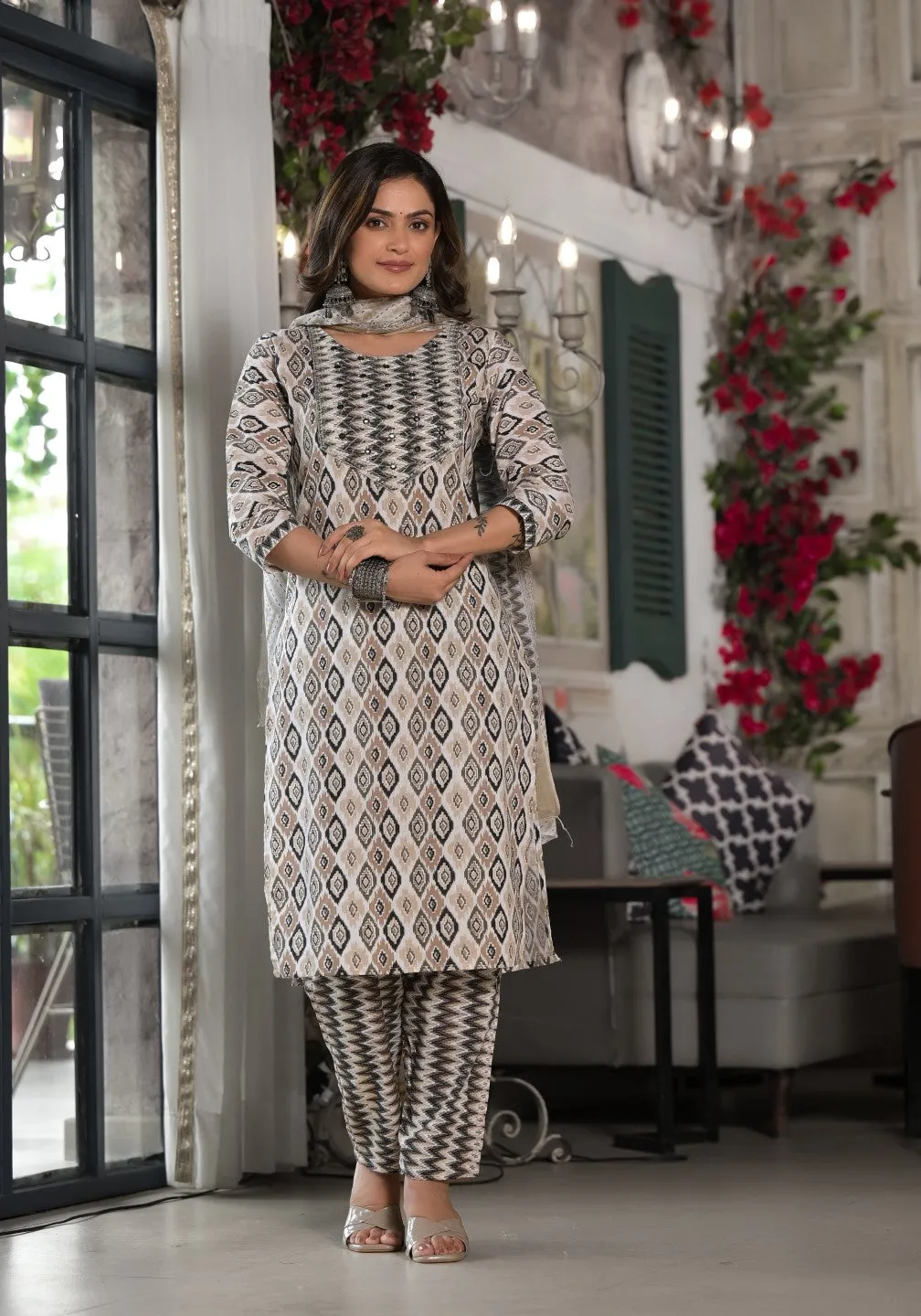 Black Ikat Printed Cotton Kurta, Pant And Dupatta Set With Mirror & Thread Work