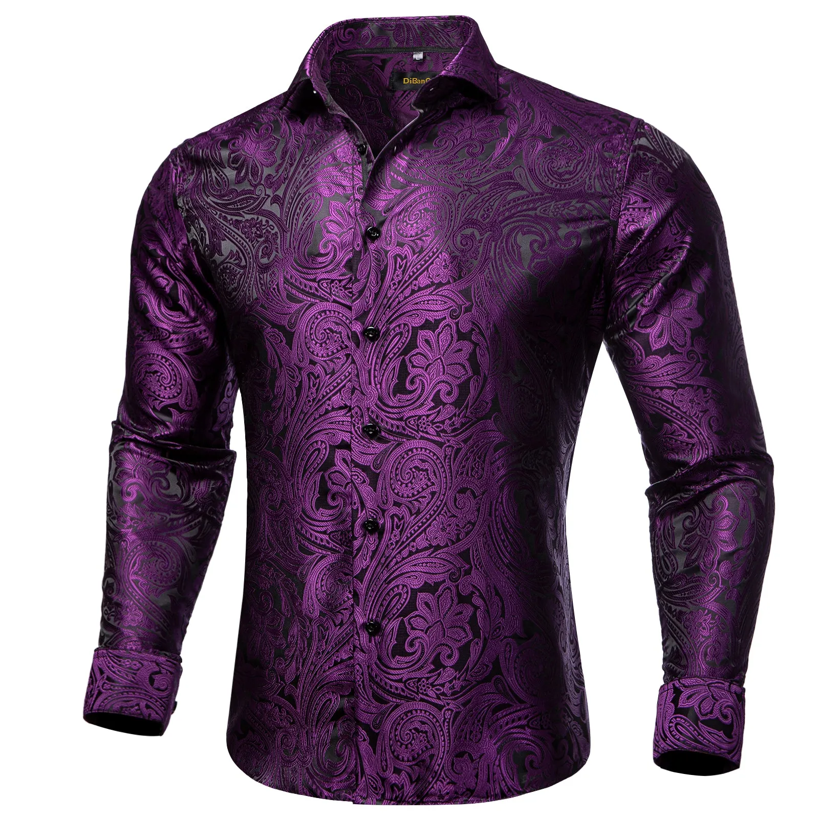 Black Purple Paisley Silk Men's Long Sleeve Shirt