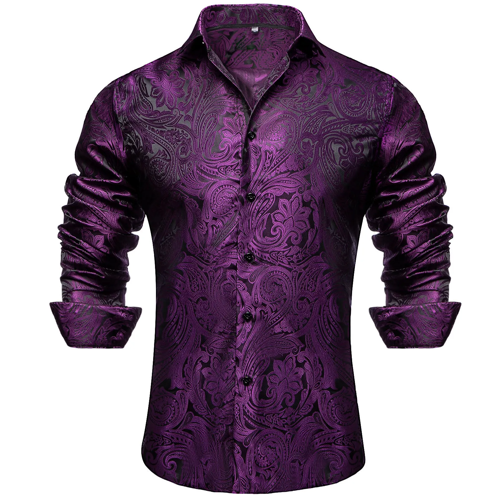 Black Purple Paisley Silk Men's Long Sleeve Shirt