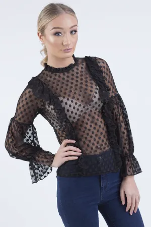 Black Sheer Polka Dot Frill Blouse - Kaitlin