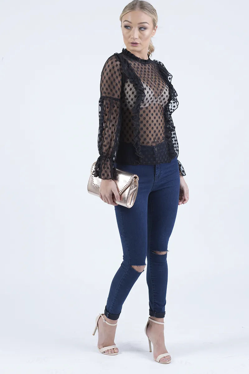 Black Sheer Polka Dot Frill Blouse - Kaitlin