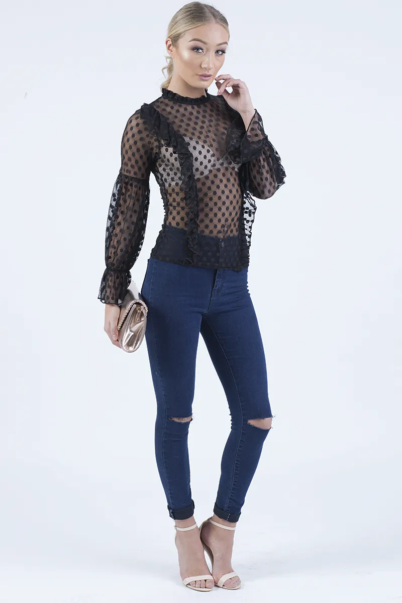 Black Sheer Polka Dot Frill Blouse - Kaitlin