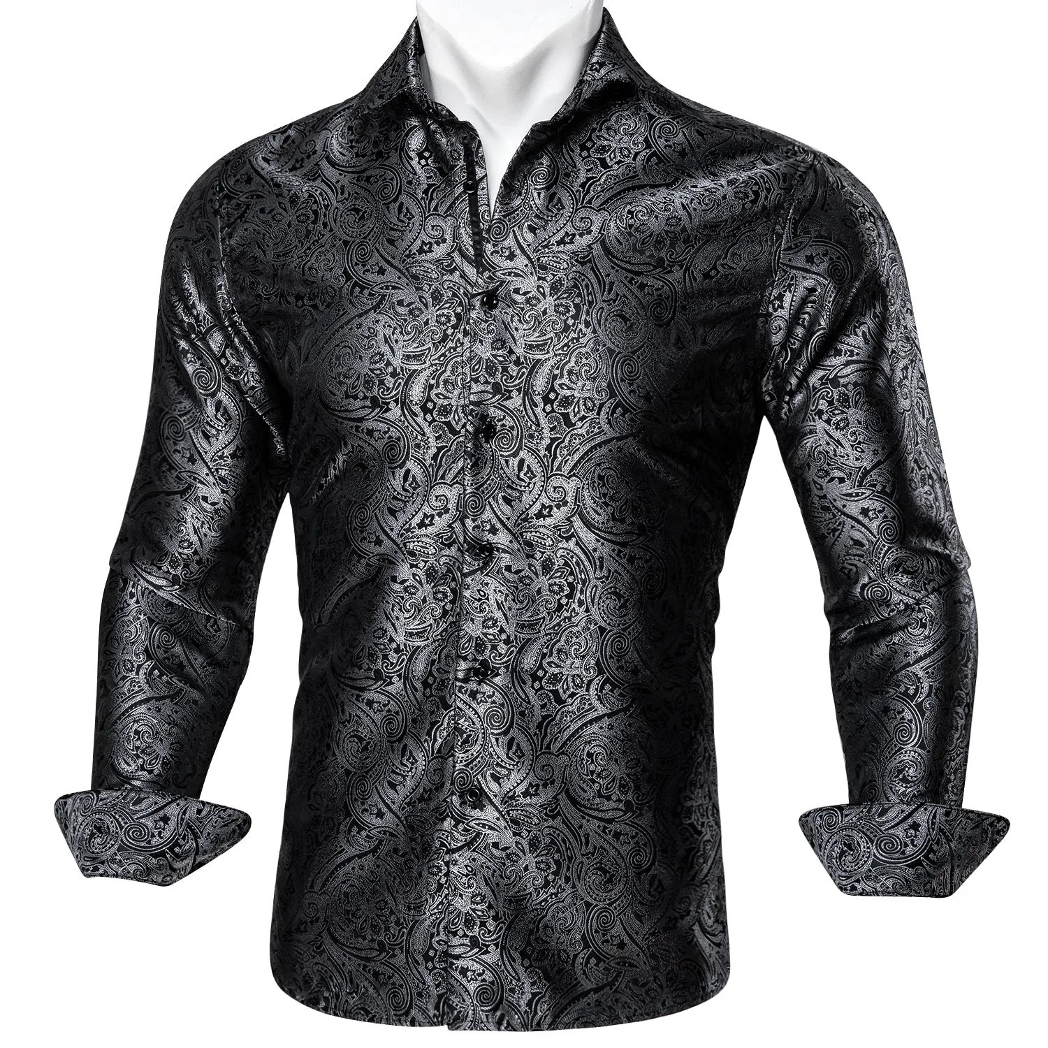 Black Silver Paisley Silk Men's Long Sleeve Shirt