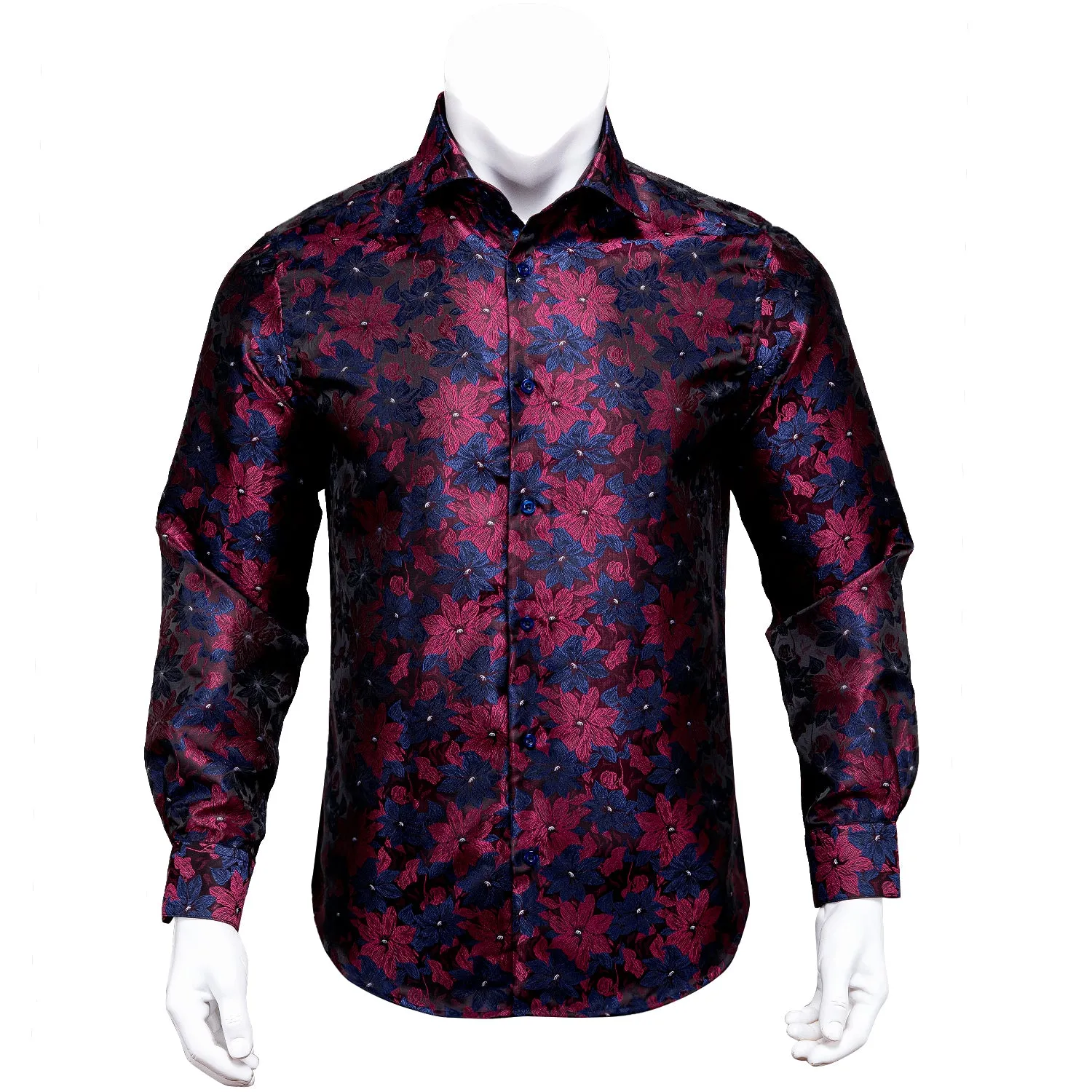 Blue Burgundy Floral Silk Men's Long Sleeve Shirt