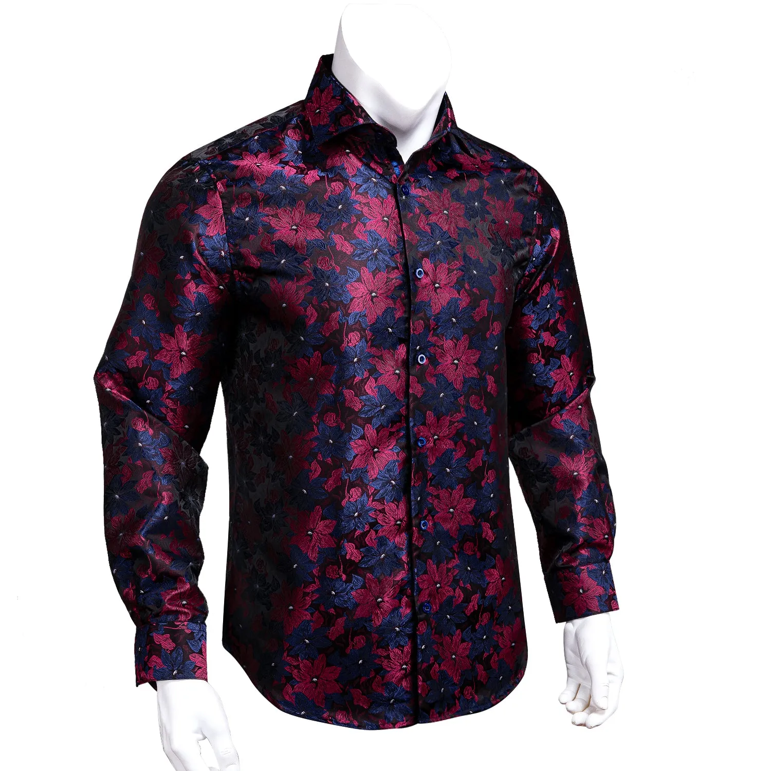 Blue Burgundy Floral Silk Men's Long Sleeve Shirt