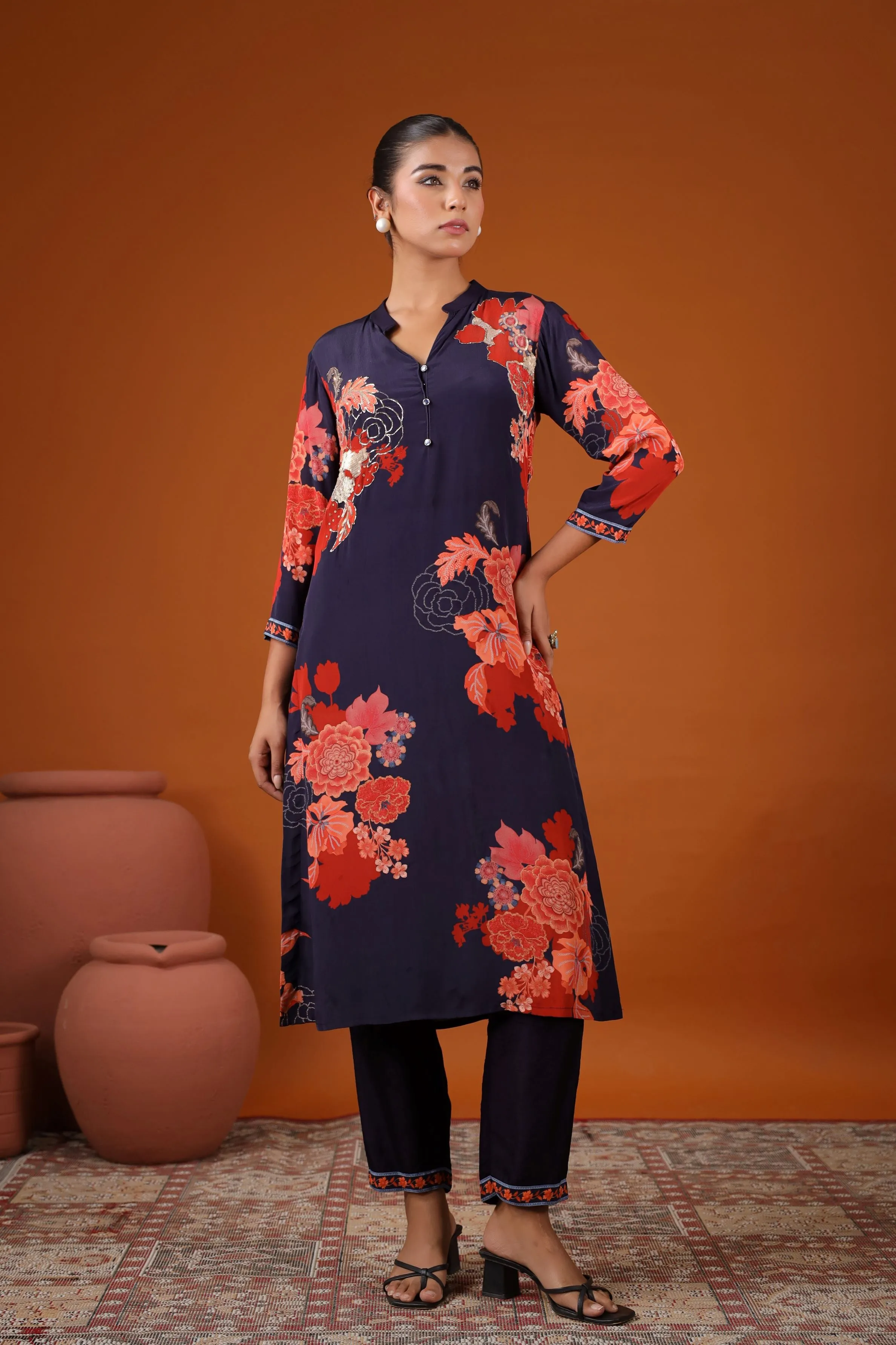 Blue Floral Printed Crepe Silk Kurta Set