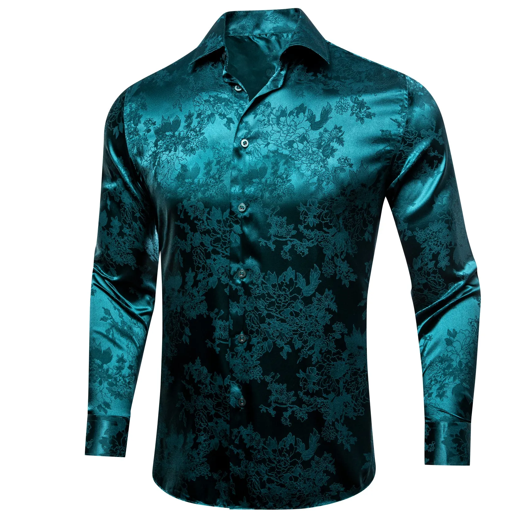 Blue Green Floral Silk Men's Long Sleeve Shirt