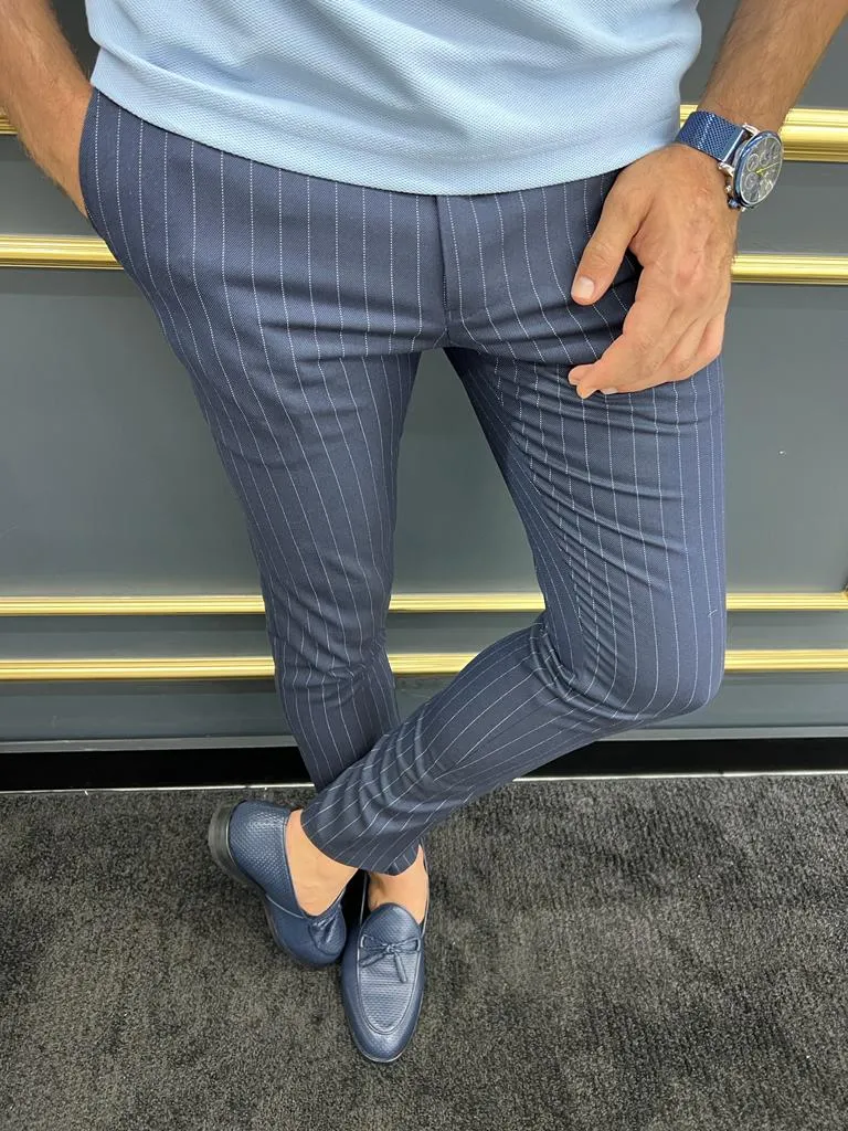 Bojoni Uluwatu Slim Fit Dark Blue Striped Trouser