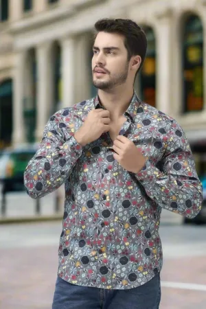 Bold Multi Color on Grey Long Sleeve Slim Fit Hidden Button Down Shirt