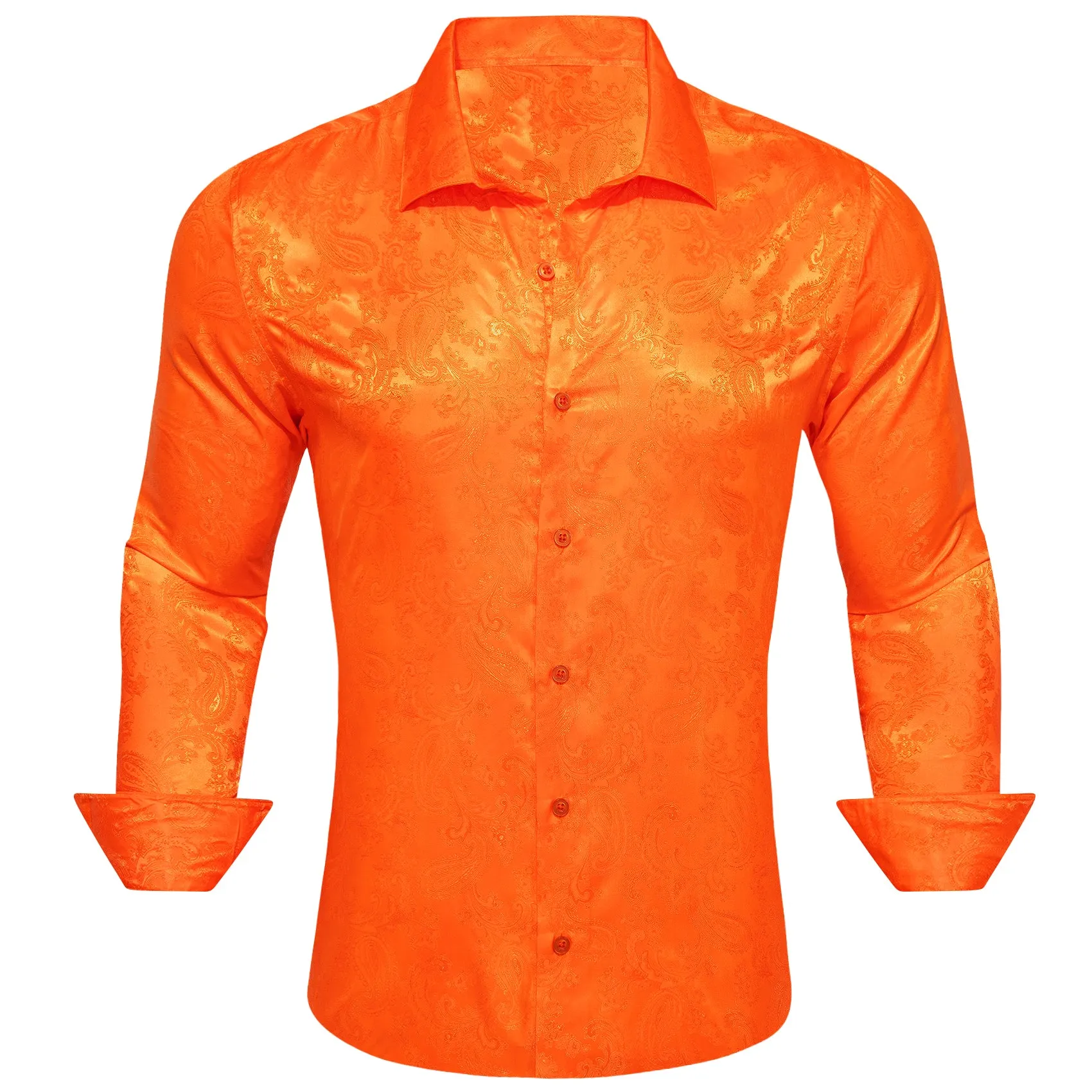 Bright Orange Paisley Style Casual Silk Men's Long Sleeve Button Shirt