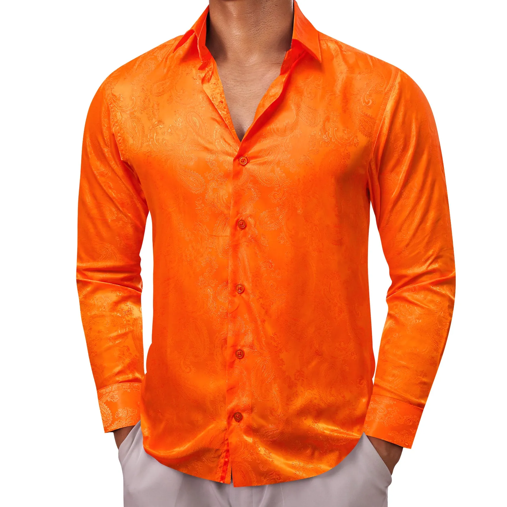 Bright Orange Paisley Style Casual Silk Men's Long Sleeve Button Shirt