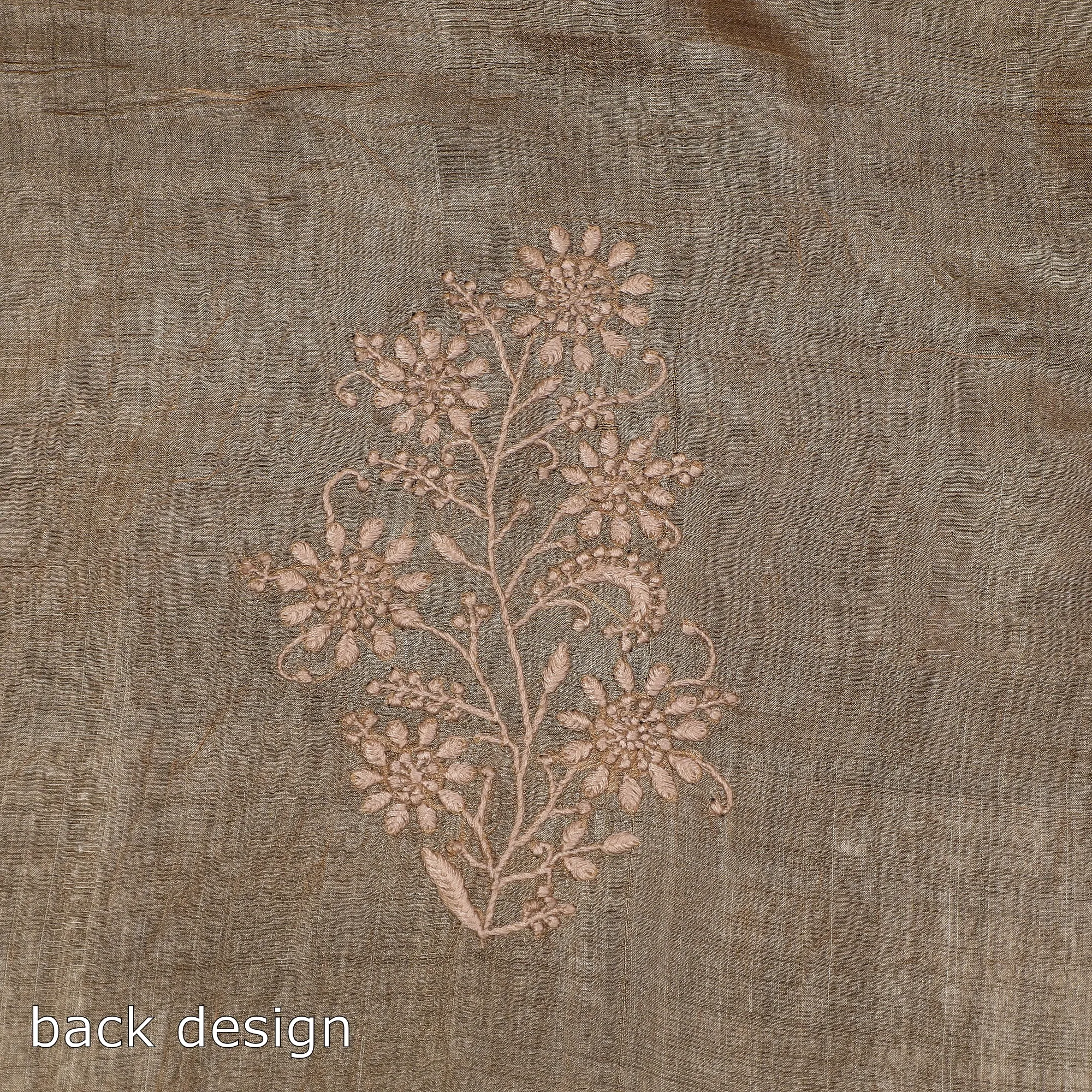 Brown - Lucknow Chikankari Mukaish Hand Embroidery Tussar Silk Handloom Kurta Material - 2.8 Meter