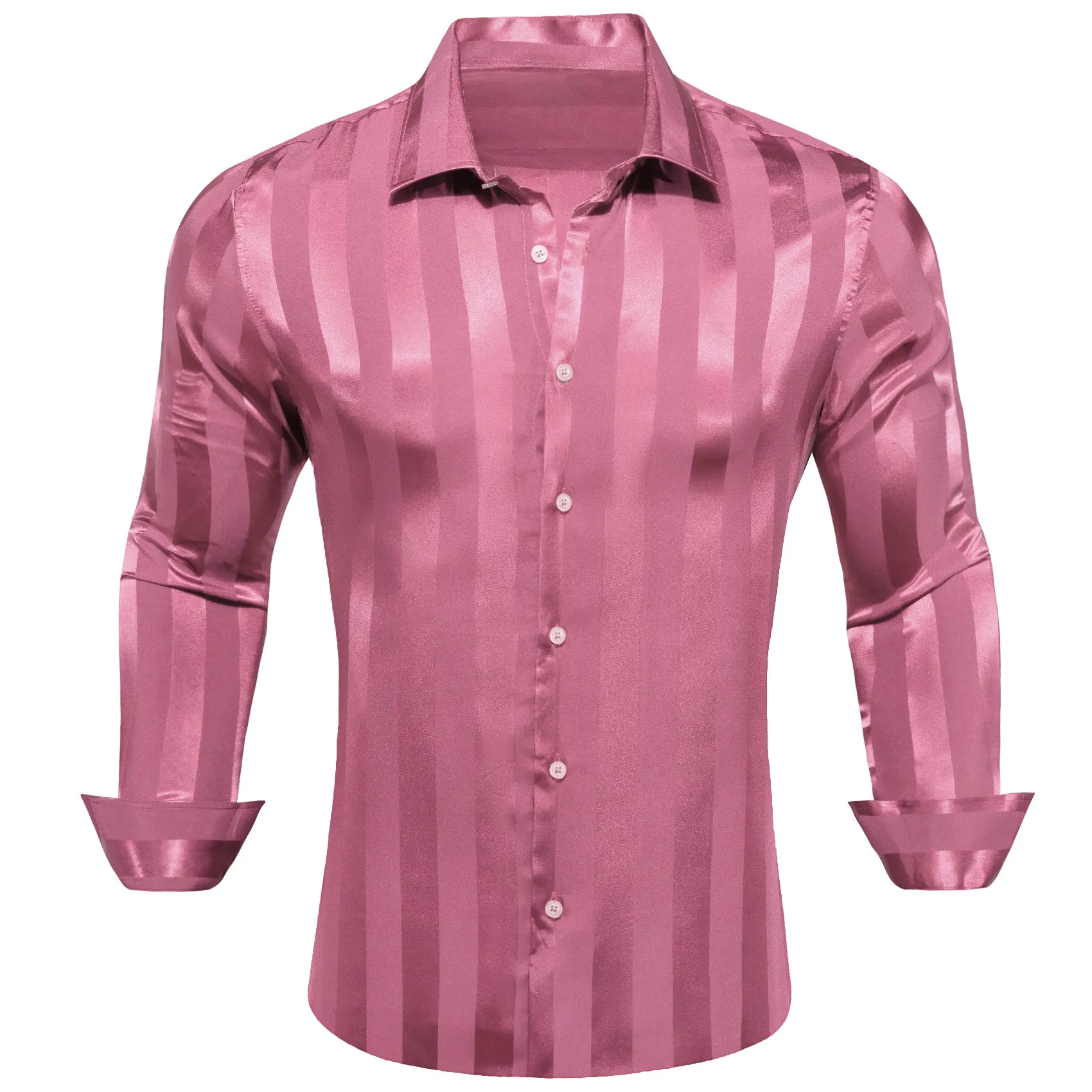 Casual Blush Pink Striped Shiny Satin Men's Long Sleeve Shirt