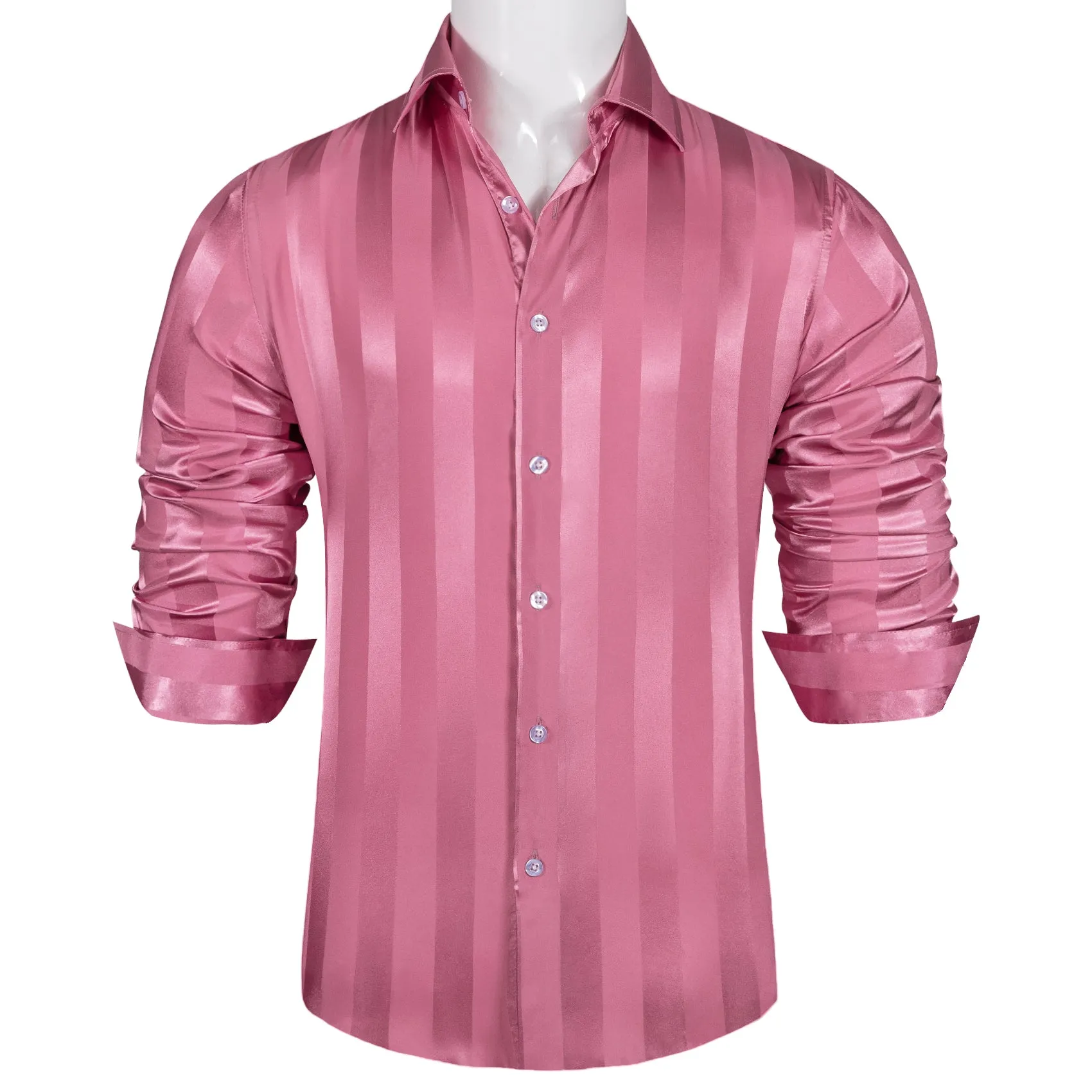 Casual Blush Pink Striped Shiny Satin Men's Long Sleeve Shirt