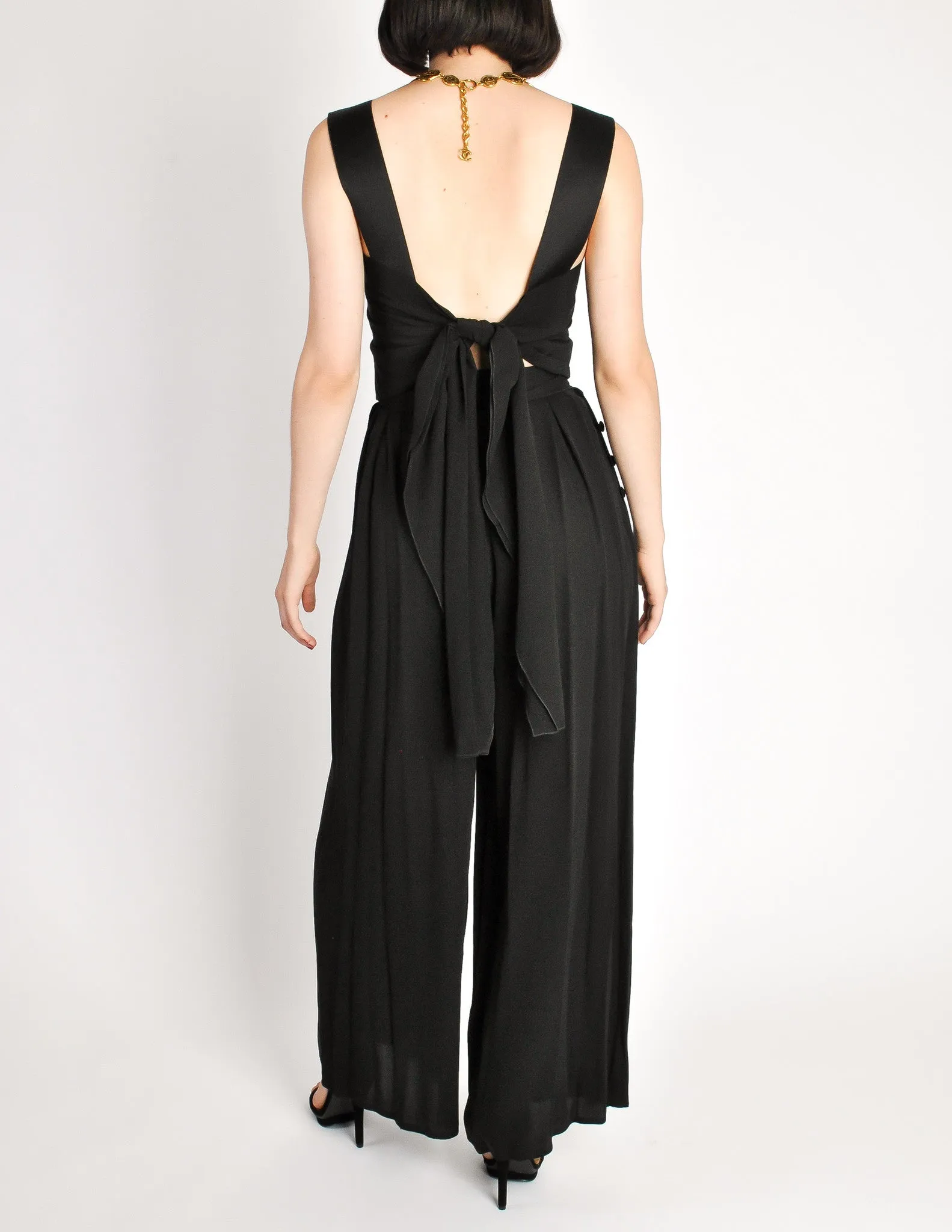 Chanel Vintage Black Silk Chiffon Tie Top & Palazzo Pant Ensemble