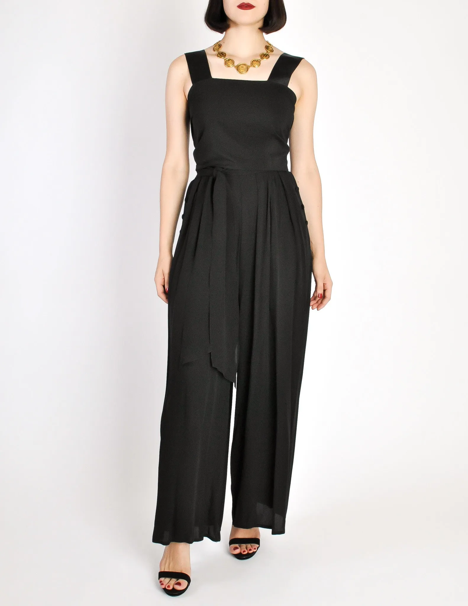 Chanel Vintage Black Silk Chiffon Tie Top & Palazzo Pant Ensemble