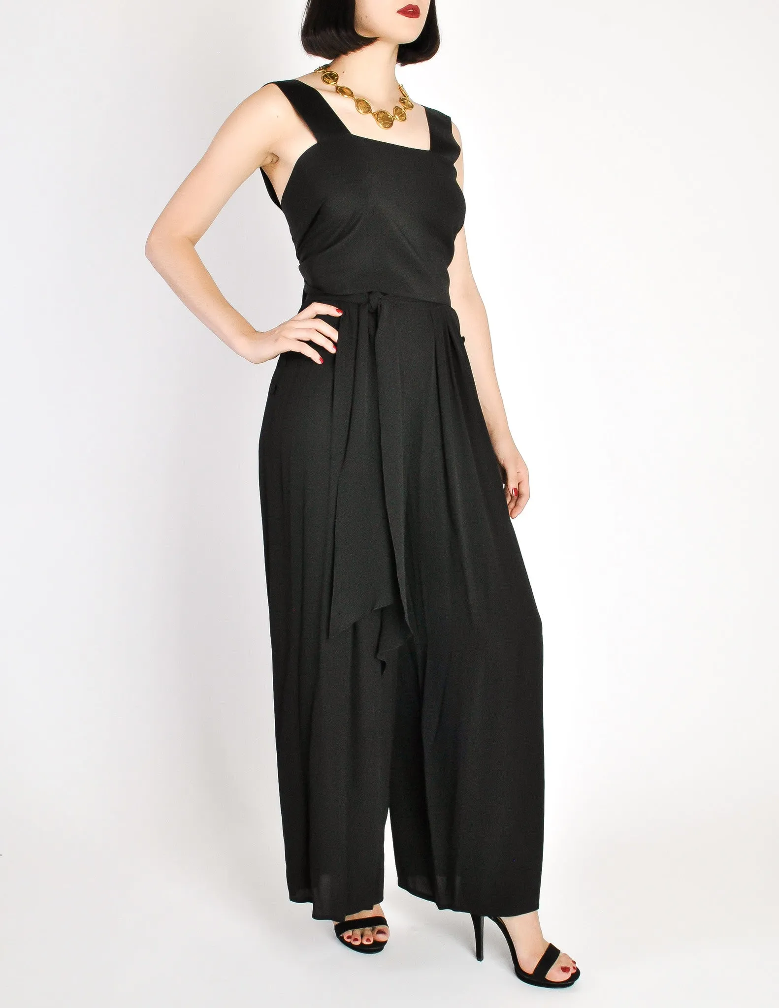 Chanel Vintage Black Silk Chiffon Tie Top & Palazzo Pant Ensemble