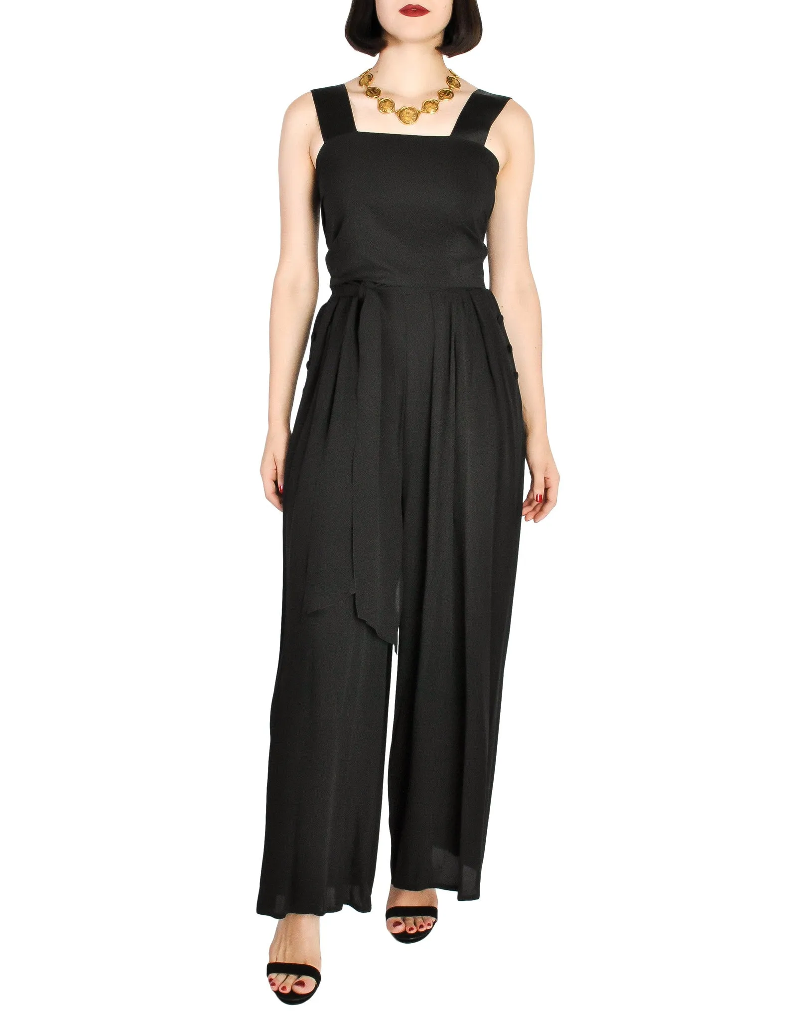 Chanel Vintage Black Silk Chiffon Tie Top & Palazzo Pant Ensemble