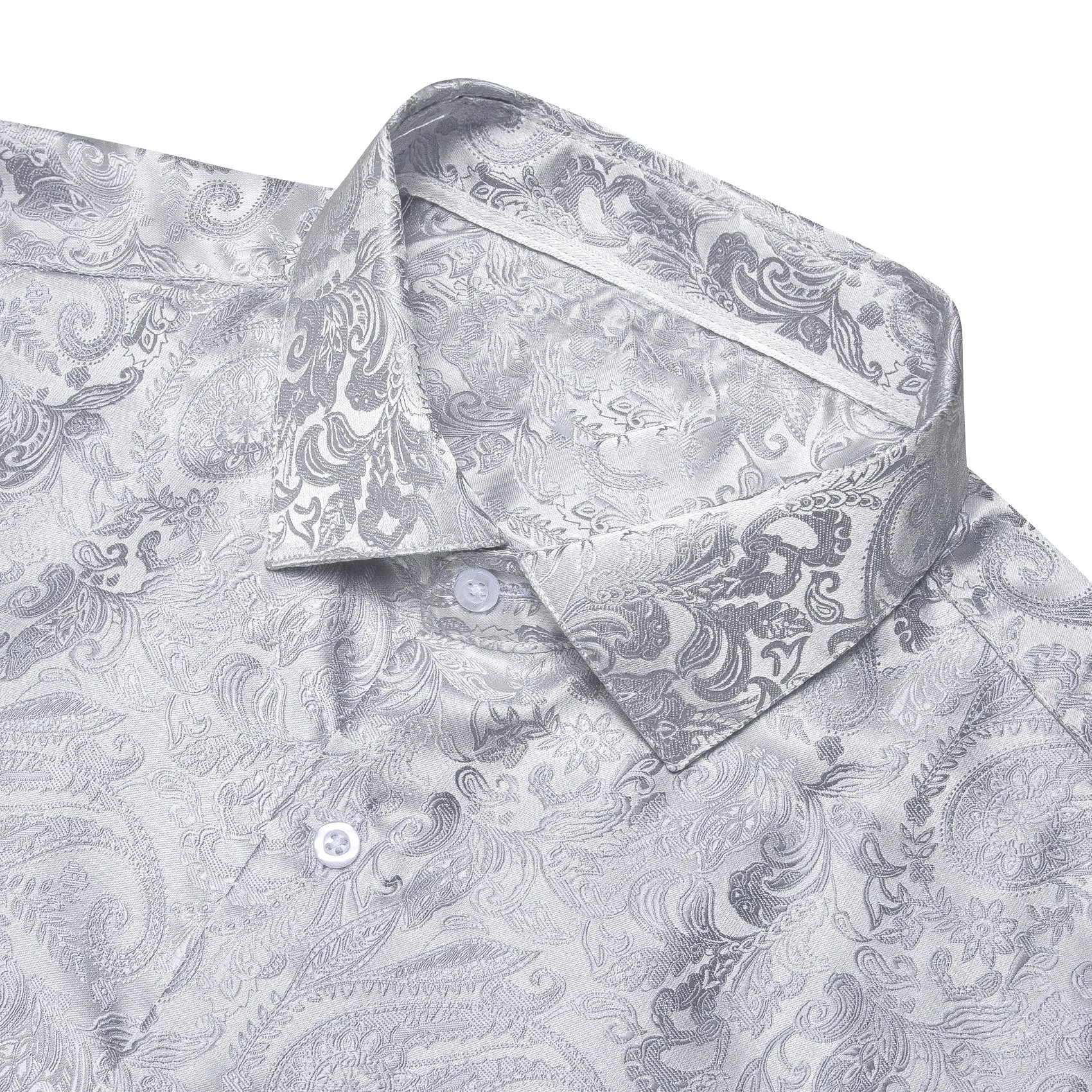 Classic Pure Silver Paisley Silk Men's Casual Business Long Sleeve Shirt