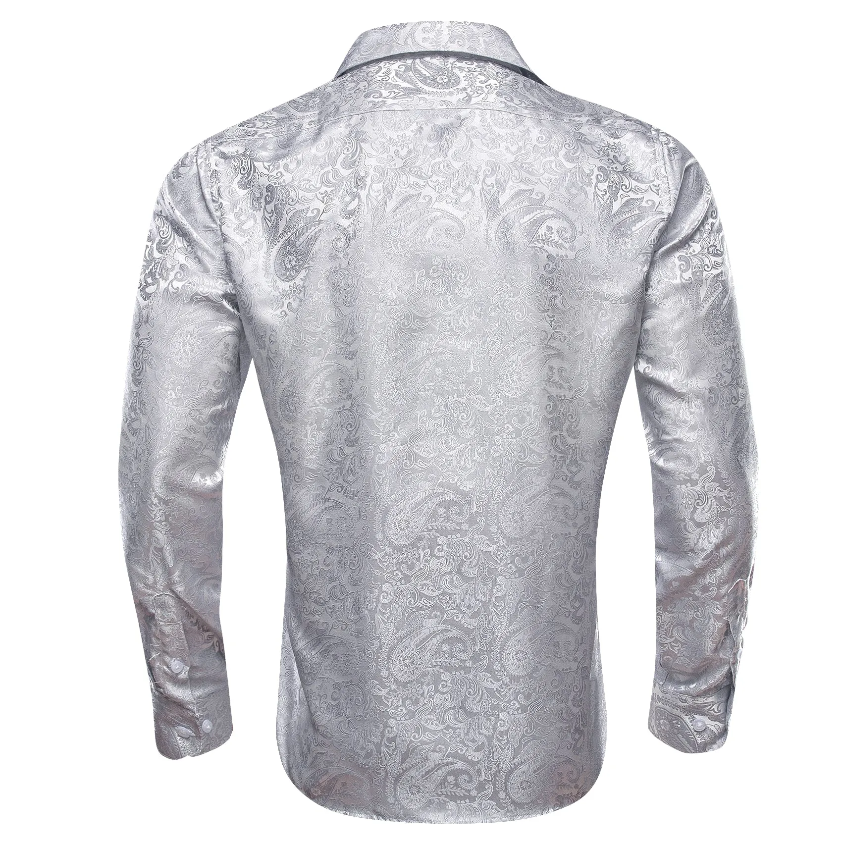 Classic Pure Silver Paisley Silk Men's Casual Business Long Sleeve Shirt