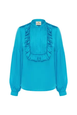 Coco Ribbon - Turquoise Silk Ruffle Blouse