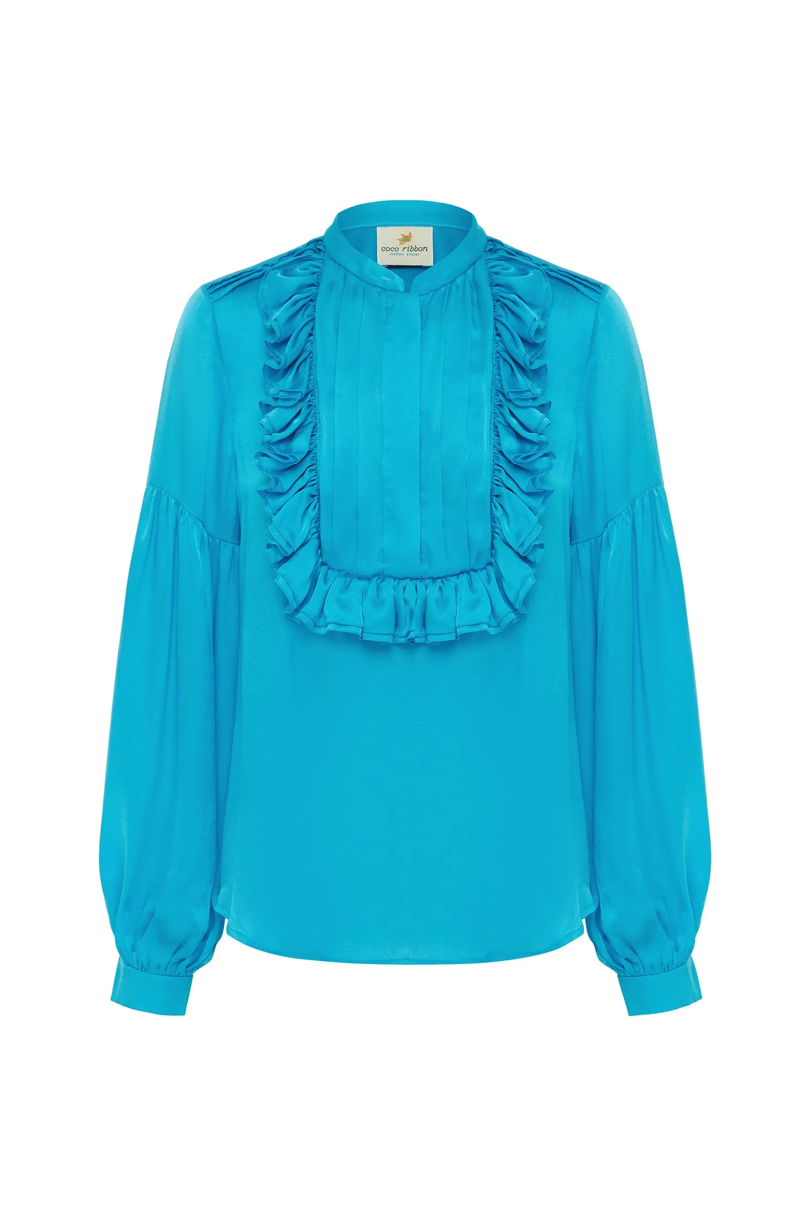 Coco Ribbon - Turquoise Silk Ruffle Blouse