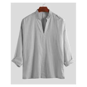 Cotton Linen V Neck Stand Collar Shirt