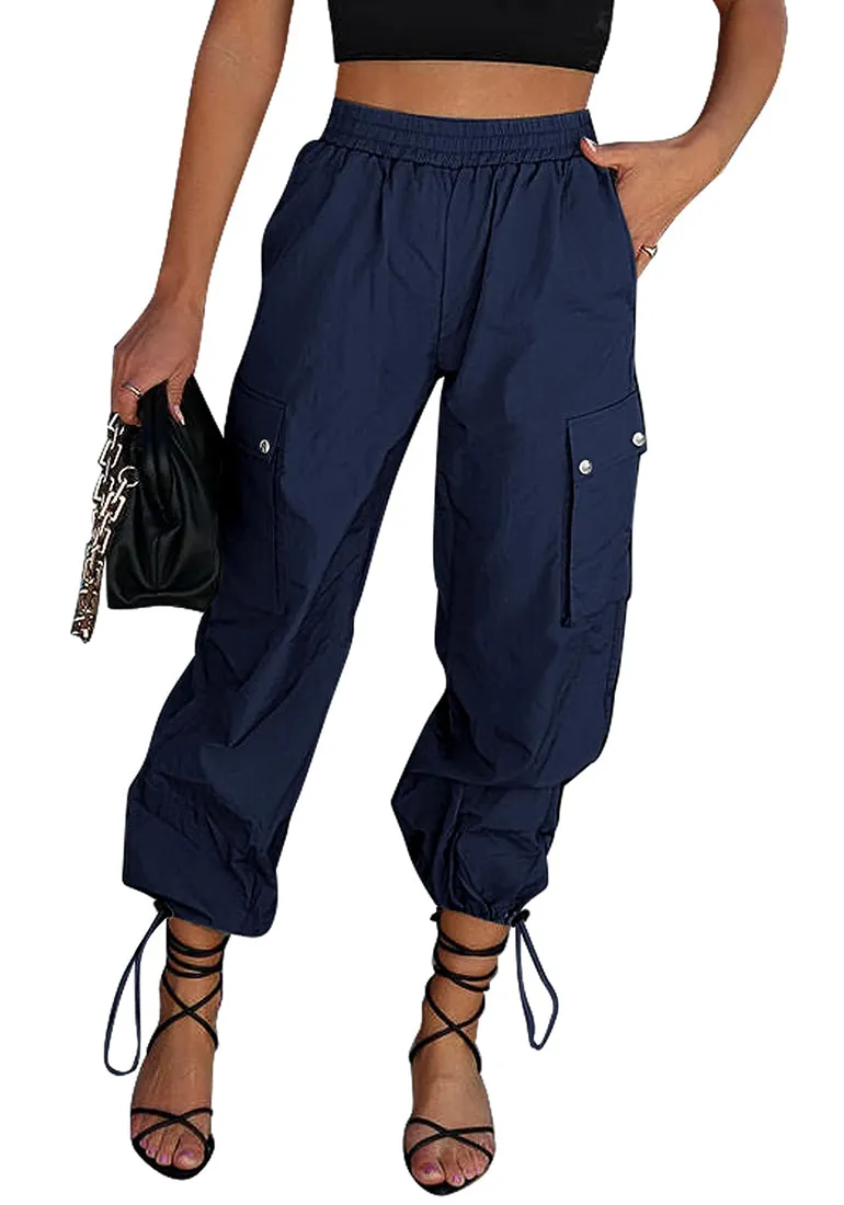 Dark Blue Women's Casual Cargo Pant High Waisted Y2K Nylon Trousers