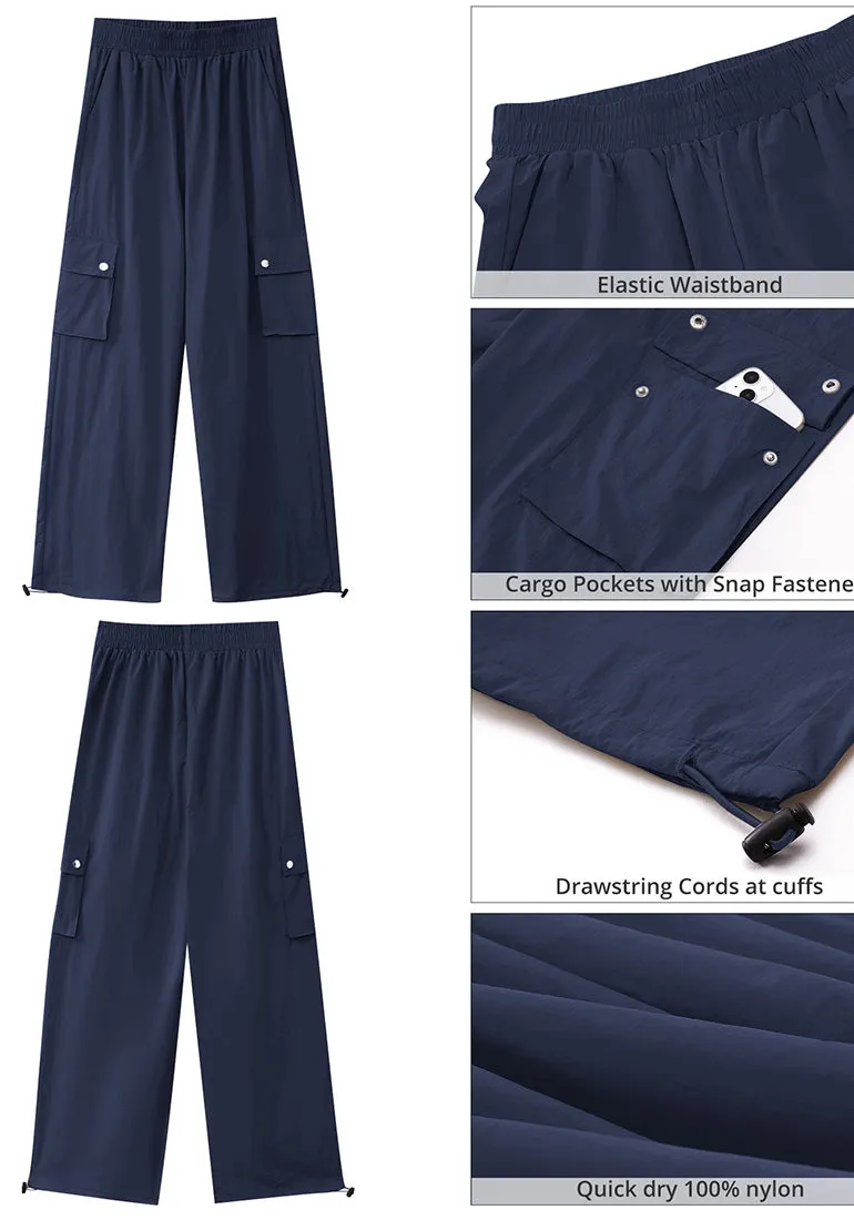 Dark Blue Women's Casual Cargo Pant High Waisted Y2K Nylon Trousers