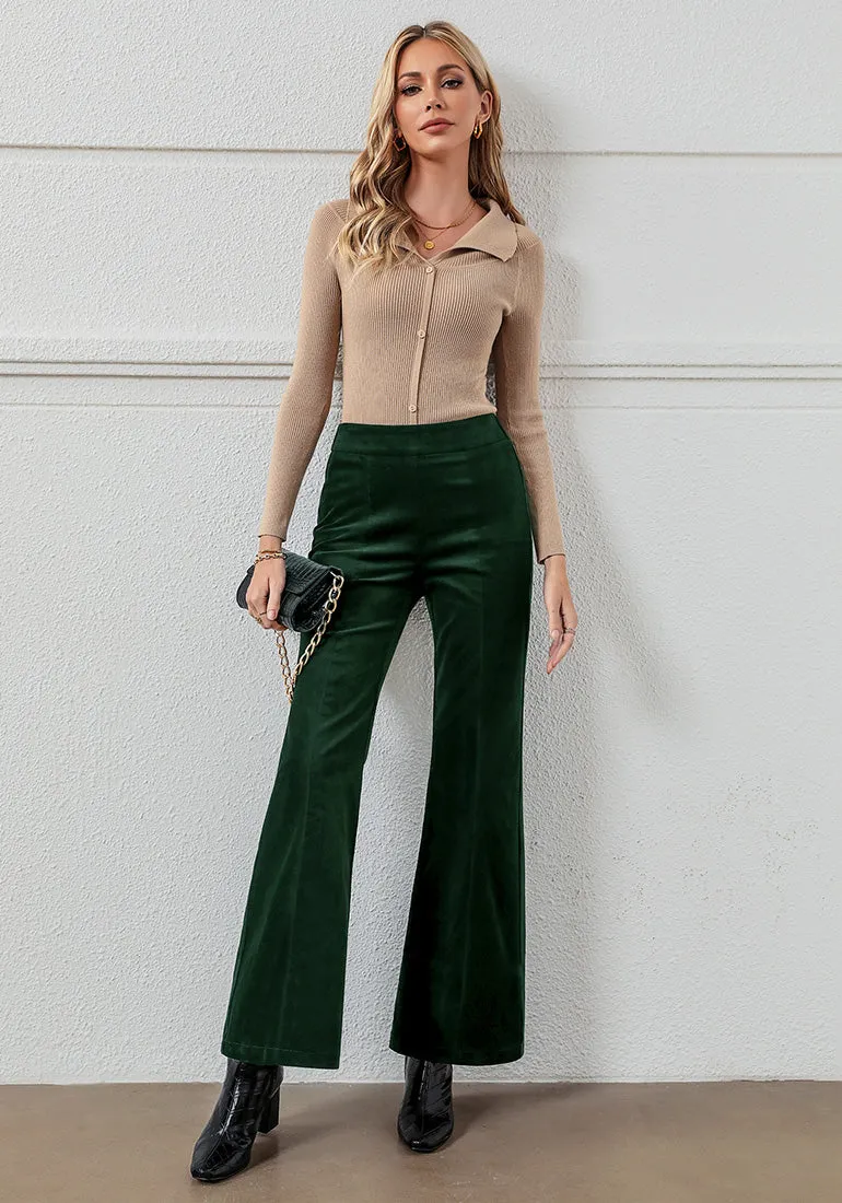 Dark Green Women's Bell Bottom Corduroy Flare High Waisted Front Seam Slacks