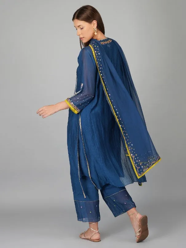 Egyptian Blue Sequins Flower Kalidar Chanderi Kurta Set (Set of 4)