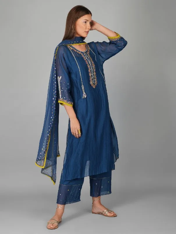 Egyptian Blue Sequins Flower Kalidar Chanderi Kurta Set (Set of 4)