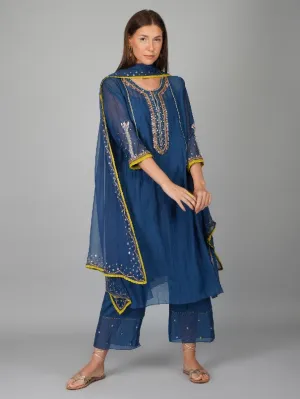 Egyptian Blue Sequins Flower Kalidar Chanderi Kurta Set (Set of 4)