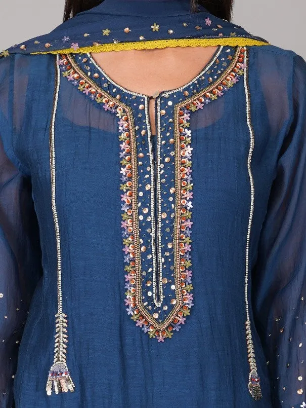 Egyptian Blue Sequins Flower Kalidar Chanderi Kurta Set (Set of 4)