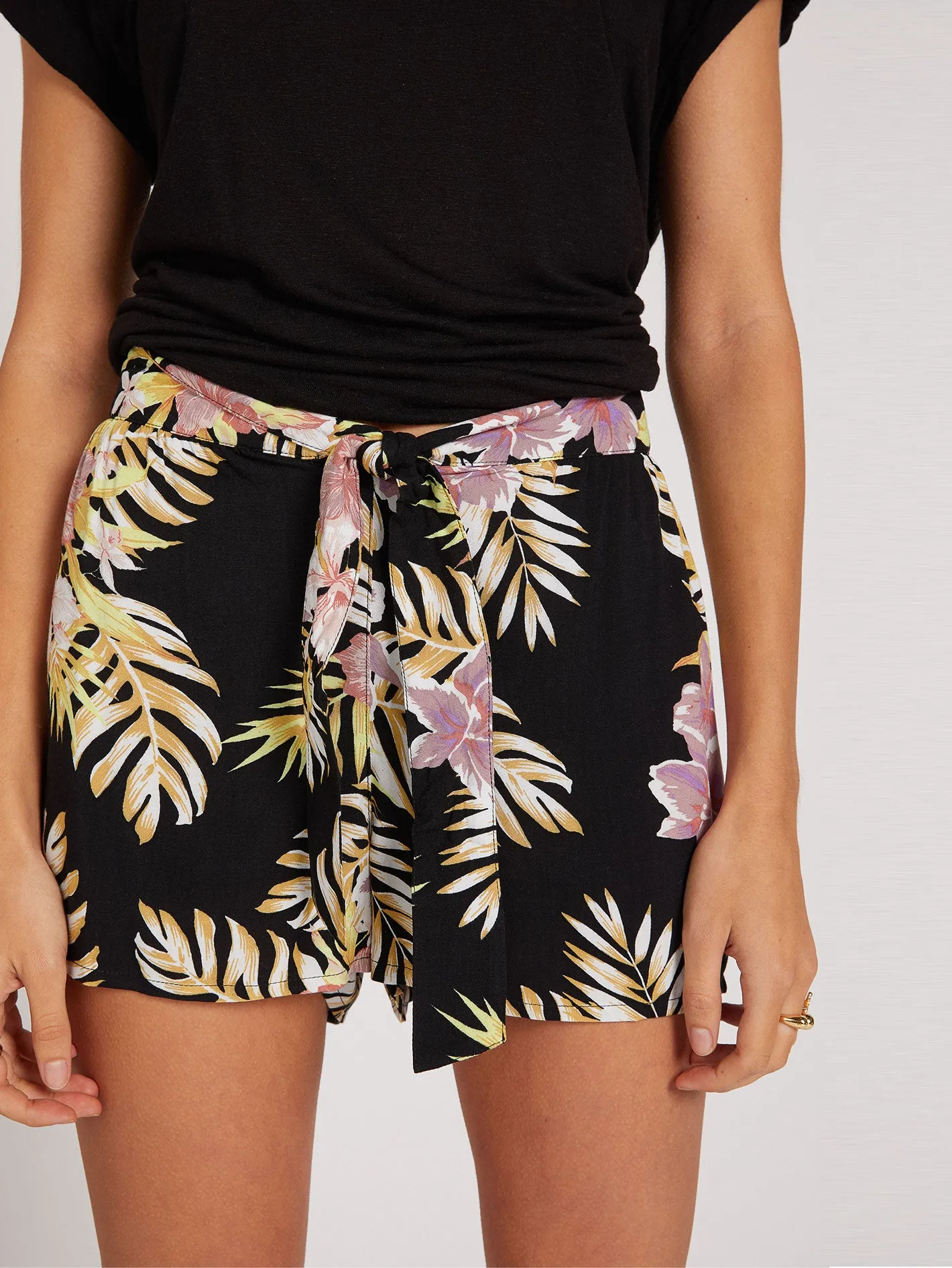 Forget Yoself Elastic Waist Shorts - Black Floral Print