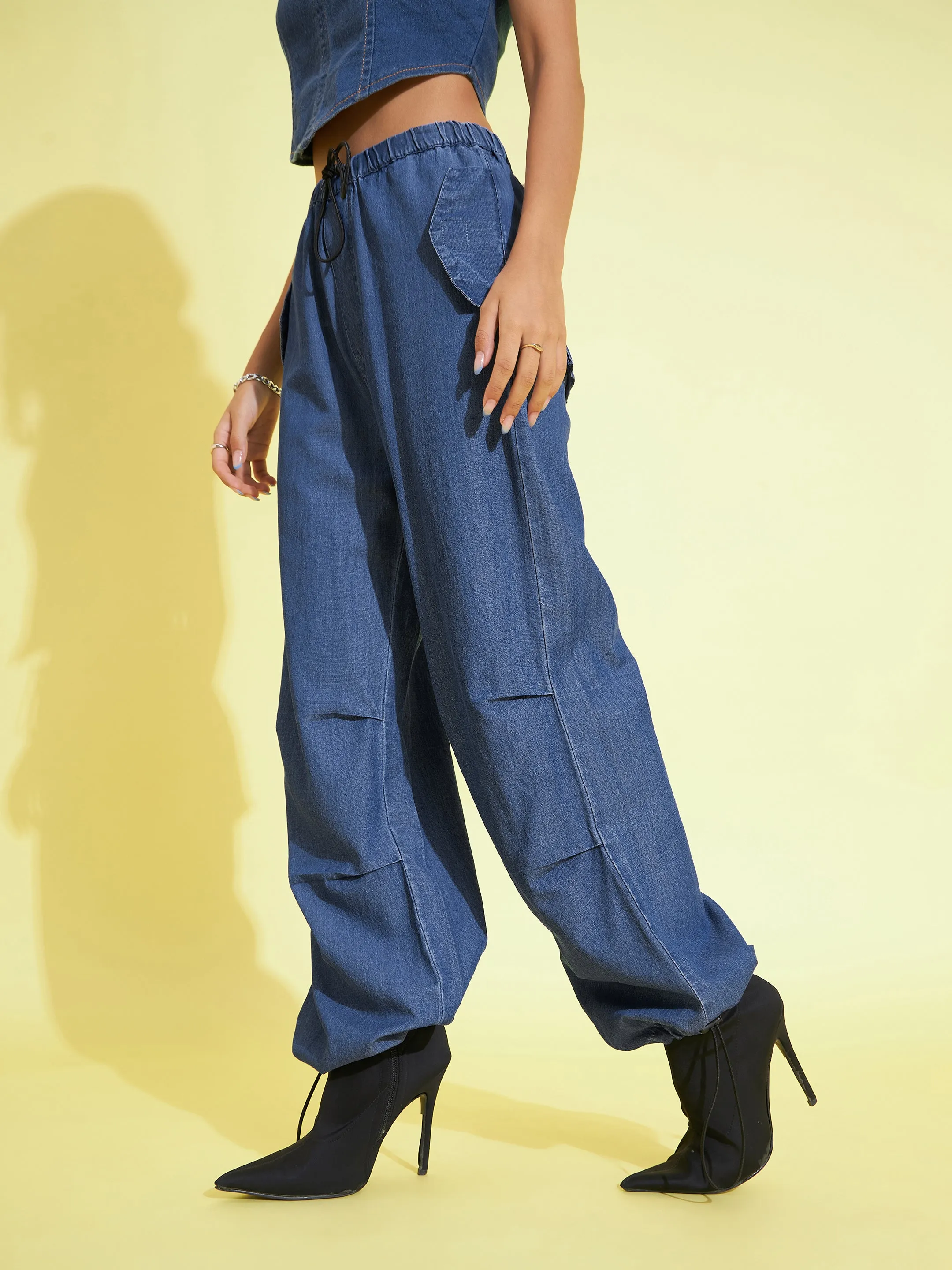 Girls Blue Tencel Pull Hem Cargo Pants